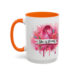 Empowering Pink Ribbon Coffee Mug - She Is Strong, Inspirational Gift for Breast Cancer Awareness, Motivational Drinkware, Supportive [...]
