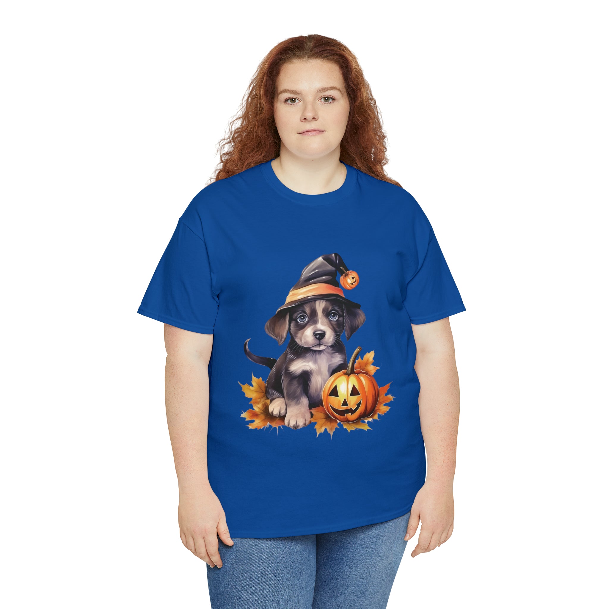 halloween t shirt puppy in witch hat cute gift for her stocking stuffer fall fun item for whole family Unisex Heavy Cotton Tee