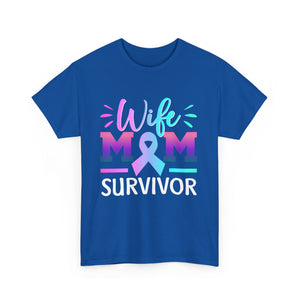 Wife Mom Survivor Tee, Unisex Heavy Cotton Tee, Cancer Awareness Shirt, Gift for Survivors, Inspirational Mom Shirt