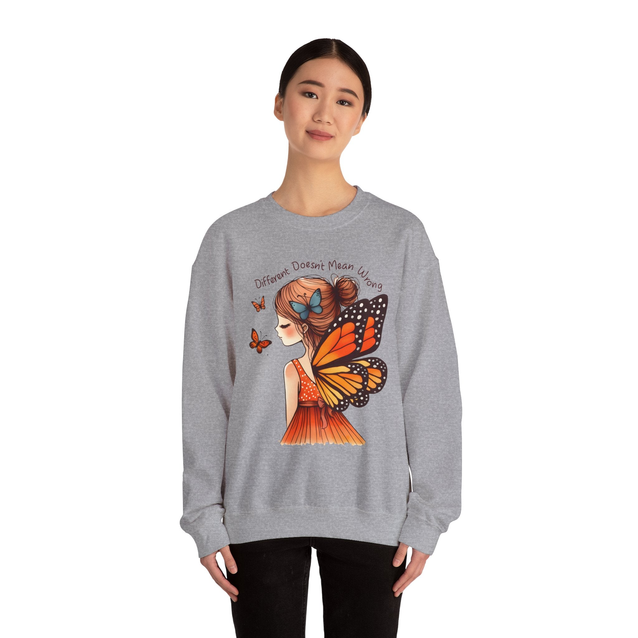 Butterfly Girl Crewneck Sweatshirt — "Different Doesn’t Mean Wrong" Graphic
