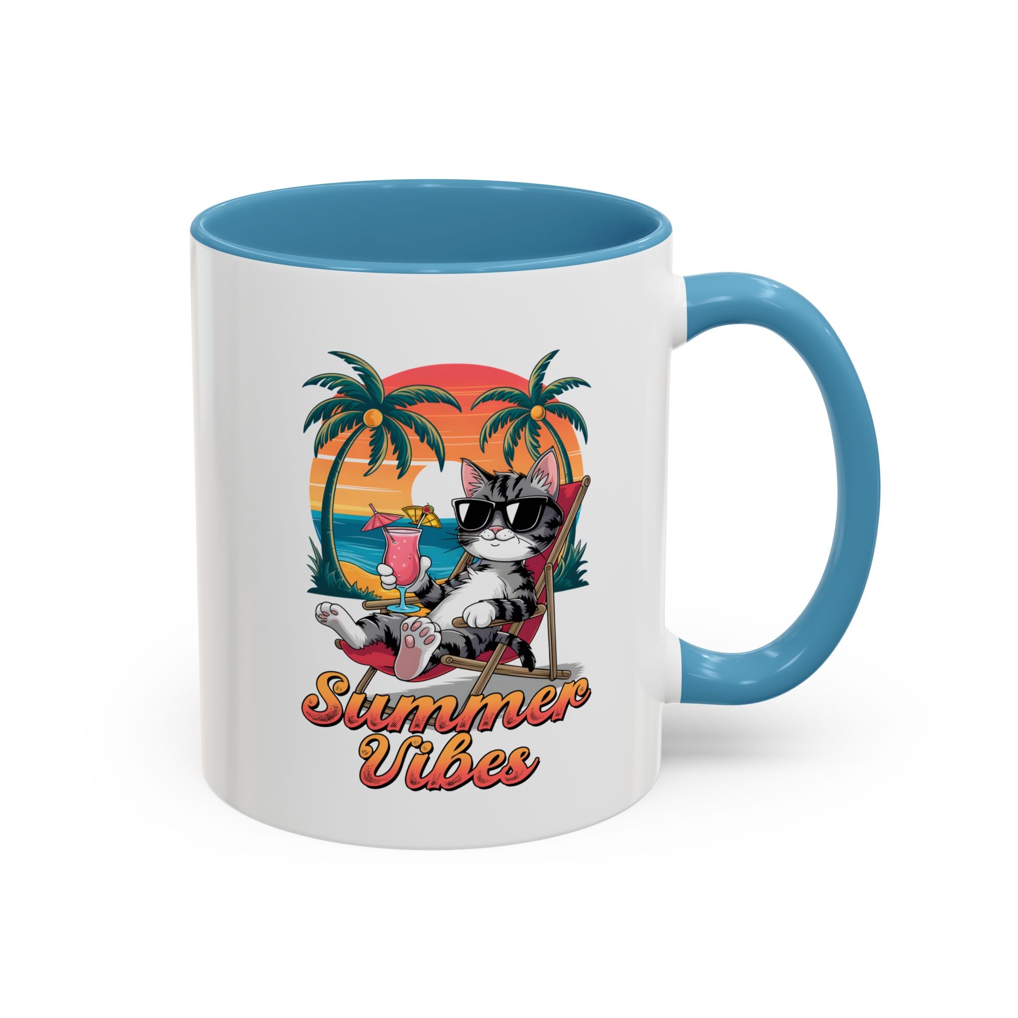 Summer Vibes Coffee Mug, Tropical Cat Mug, Beach Lover Gift, Fun Animal Sipware, Vacation-themed Drinkware, Pet Lover Cup