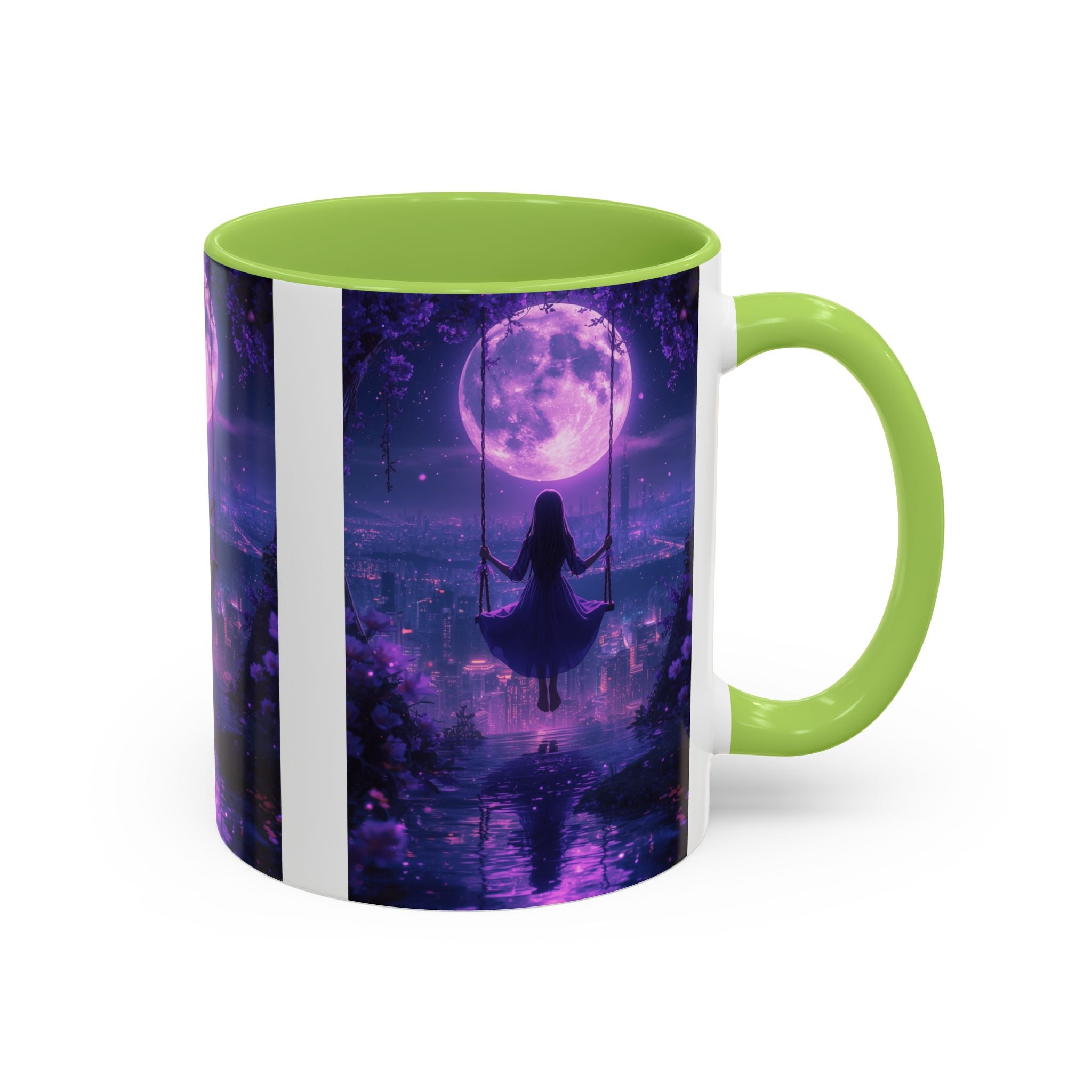 anime Dreamy Moonlit Swing Accent Coffee Mug, Artistic Mug, Celestial Coffee Cup, Fantasy Beverage Holder, Gift for Dreamers