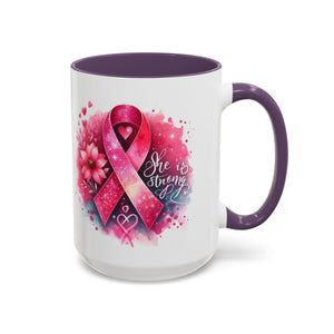 Breast Cancer Awareness Coffee Mug - Inspirational Gift, Motivational Drinkware, Supportive Cup, Pink Ribbon Design, She Is Strong