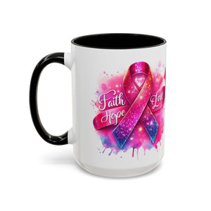 Inspirational Ribbon Coffee Mug - Faith, Hope, Love, Support, Gift for Cancer Awareness, Breast Cancer, Encouragement, Motivational