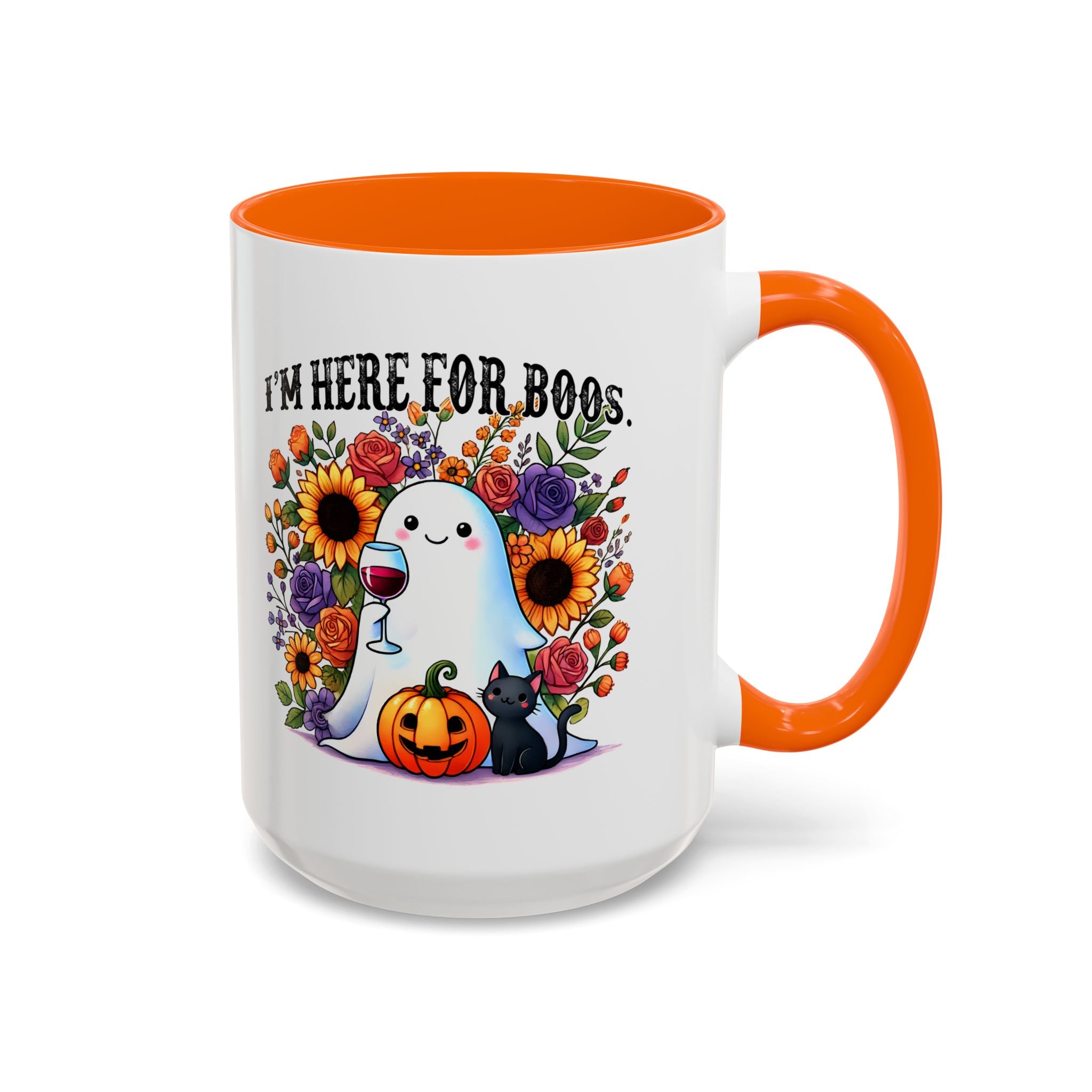 Spooky Floral Coffee Mug - I'm Here for Boos, Halloween Gift, Autumn Decor, Cute Ghost Mug, Cat Lover Drinkware