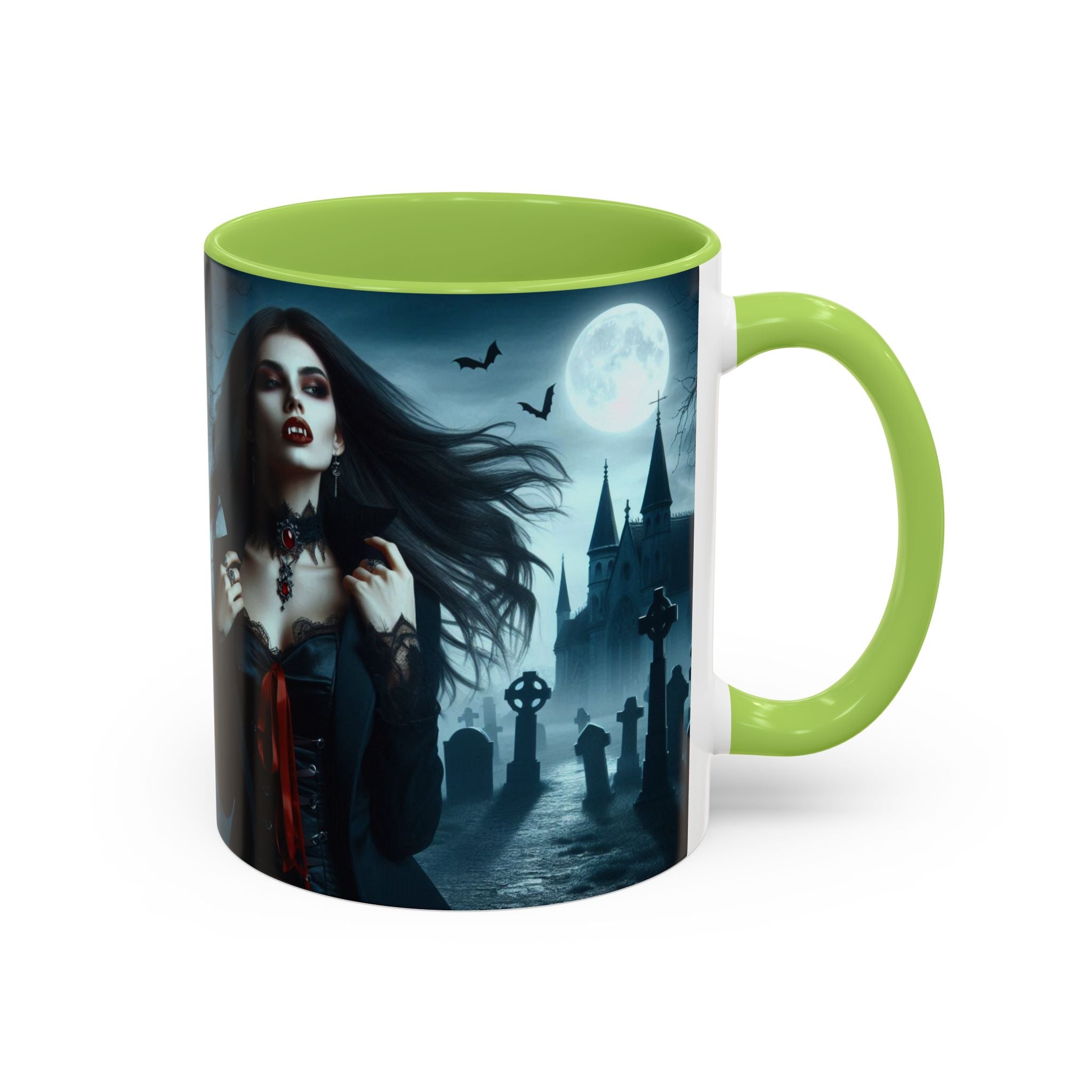 Gothic Vampire Coffee Mug - Spooky Halloween Drinkware in graveyard by castle