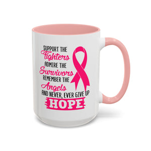 Inspirational Pink Ribbon Coffee Mug: Support Fighters, Admire Survivors, Celebrate Hope, Gift for Cancer Awareness, Motivational Mug