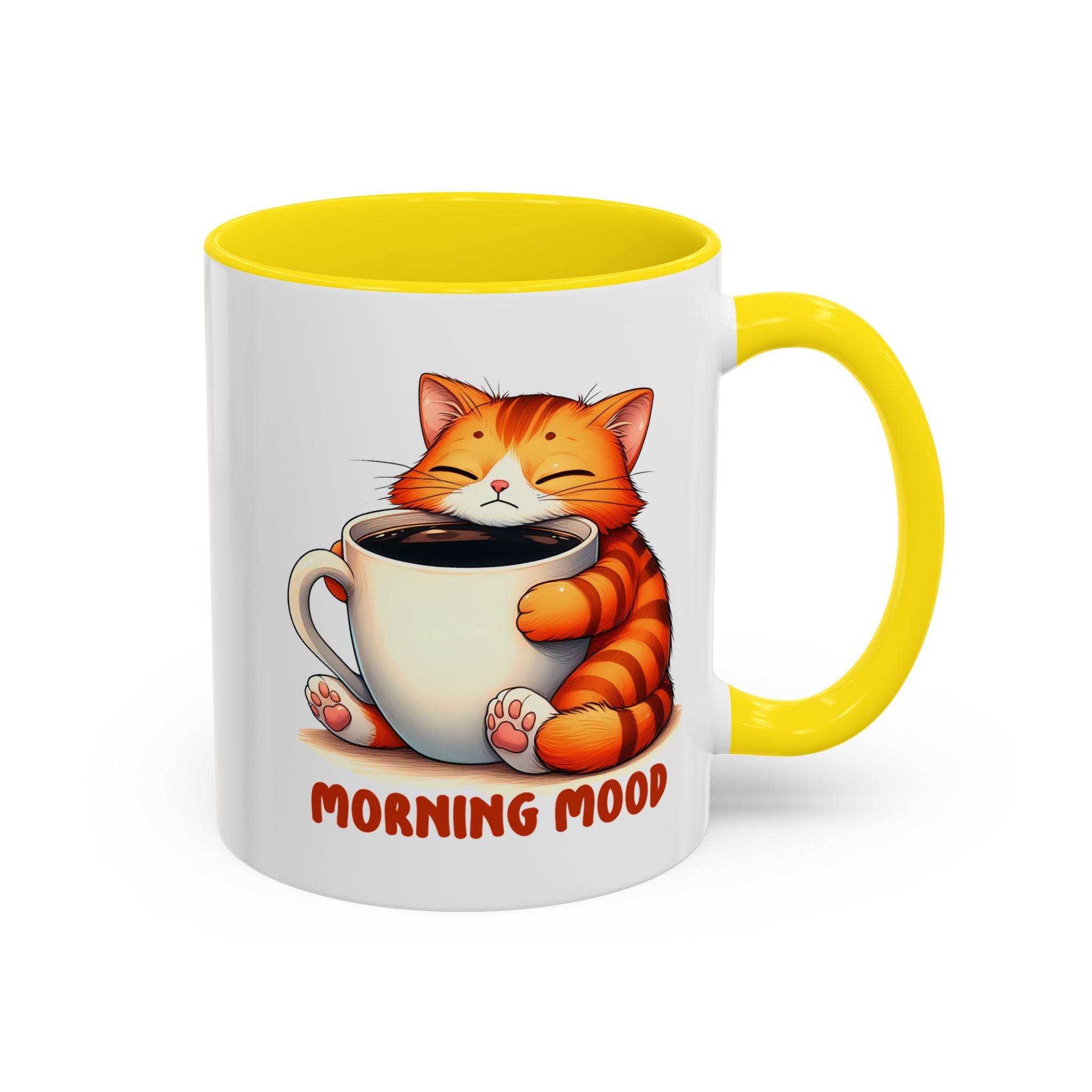 Morning Mood Cat Coffee Mug — Cute Orange Cat Holding Cup (11/15oz)
