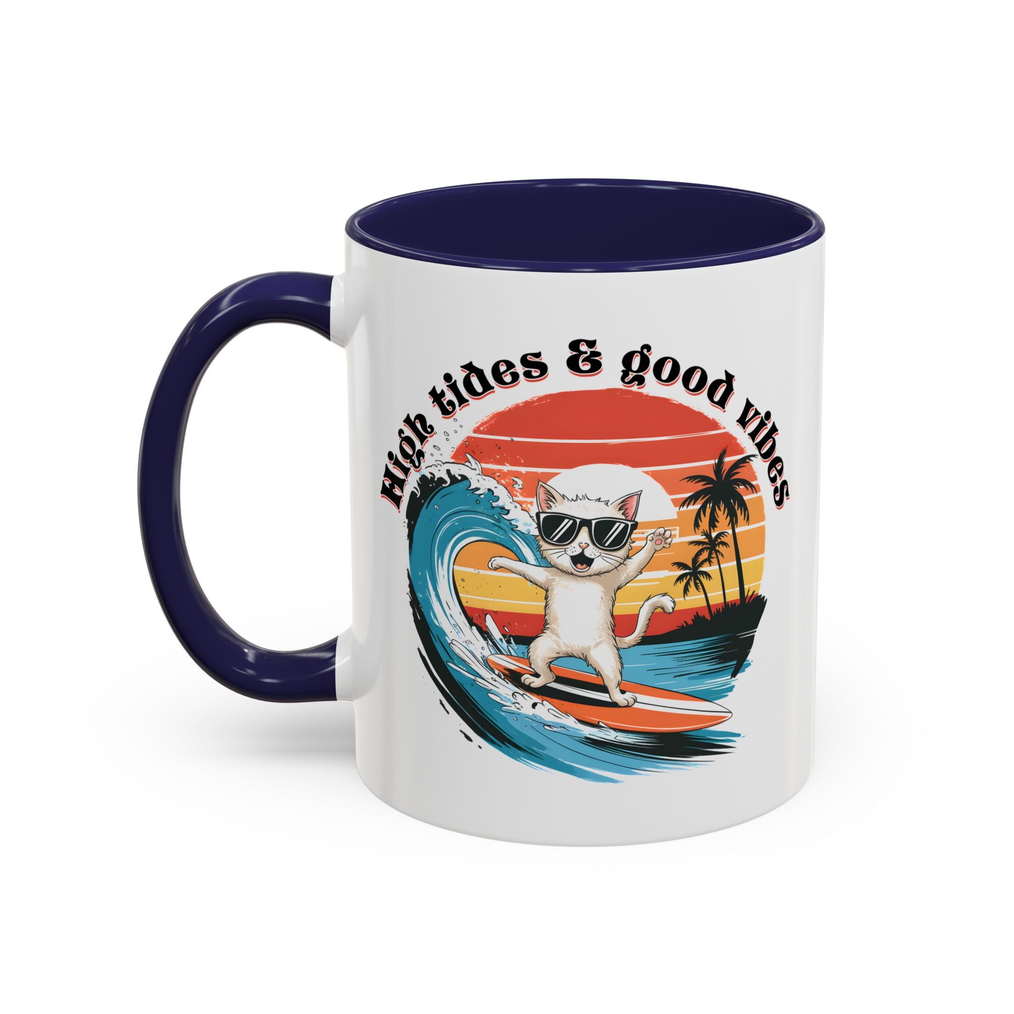 Surfing Cat Coffee Mug - High Tides & Good Vibes - Beach Lover Gift animal lover funny