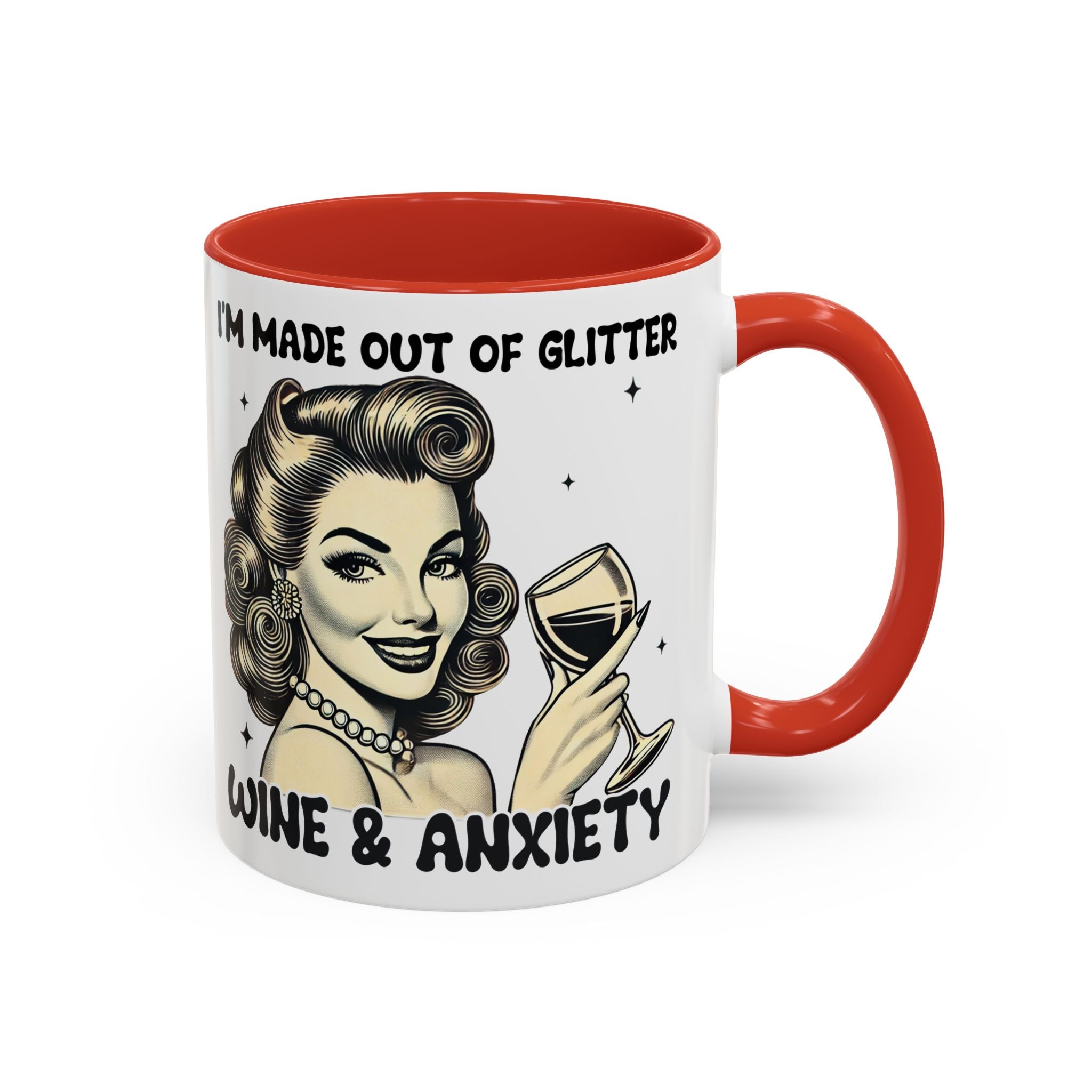 Wine & Anxiety Coffee Mug — "I'm Made Out of Glitter, Wine & Anxiety" Retro Accent Mug