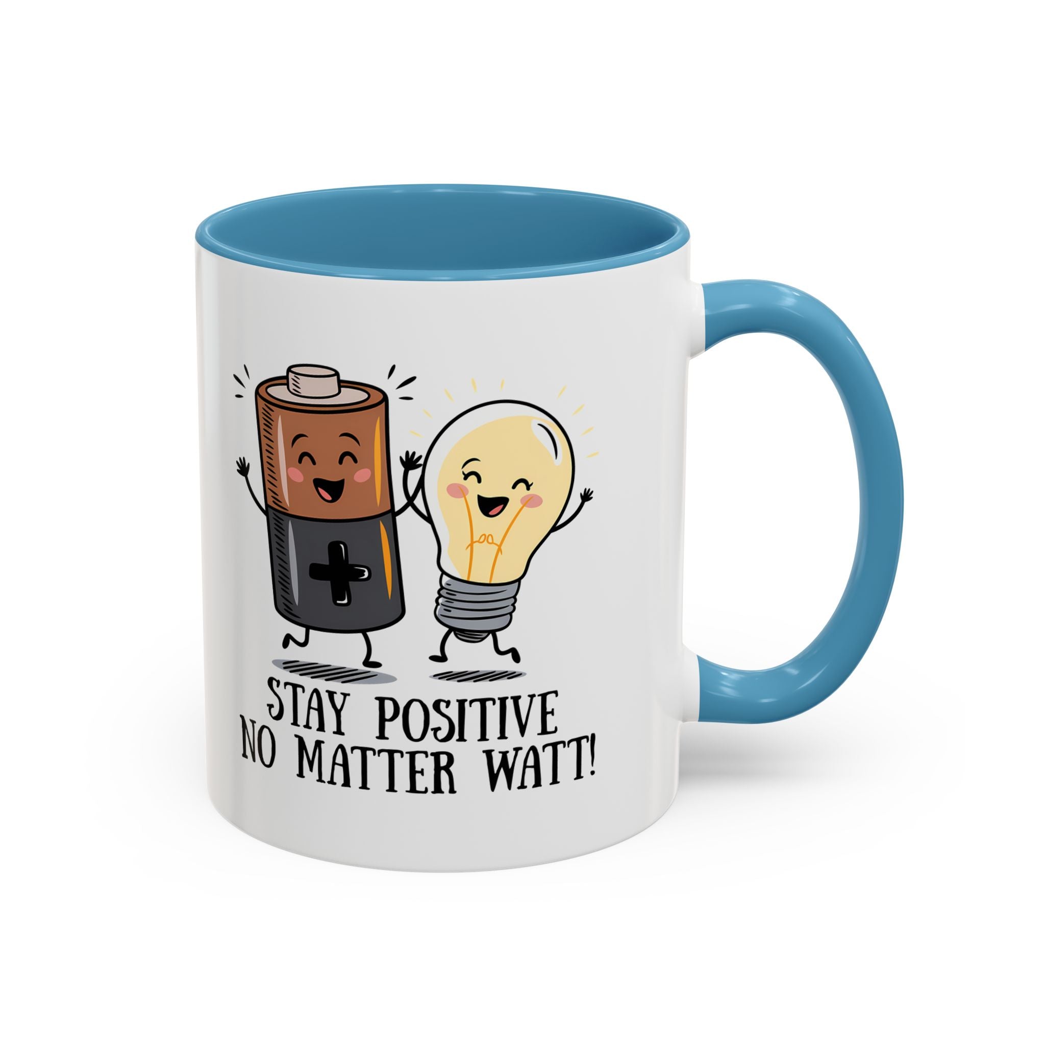 Stay Positive Accent Coffee Mug - 11oz & 15oz - Cute Light Bulb & Battery Design