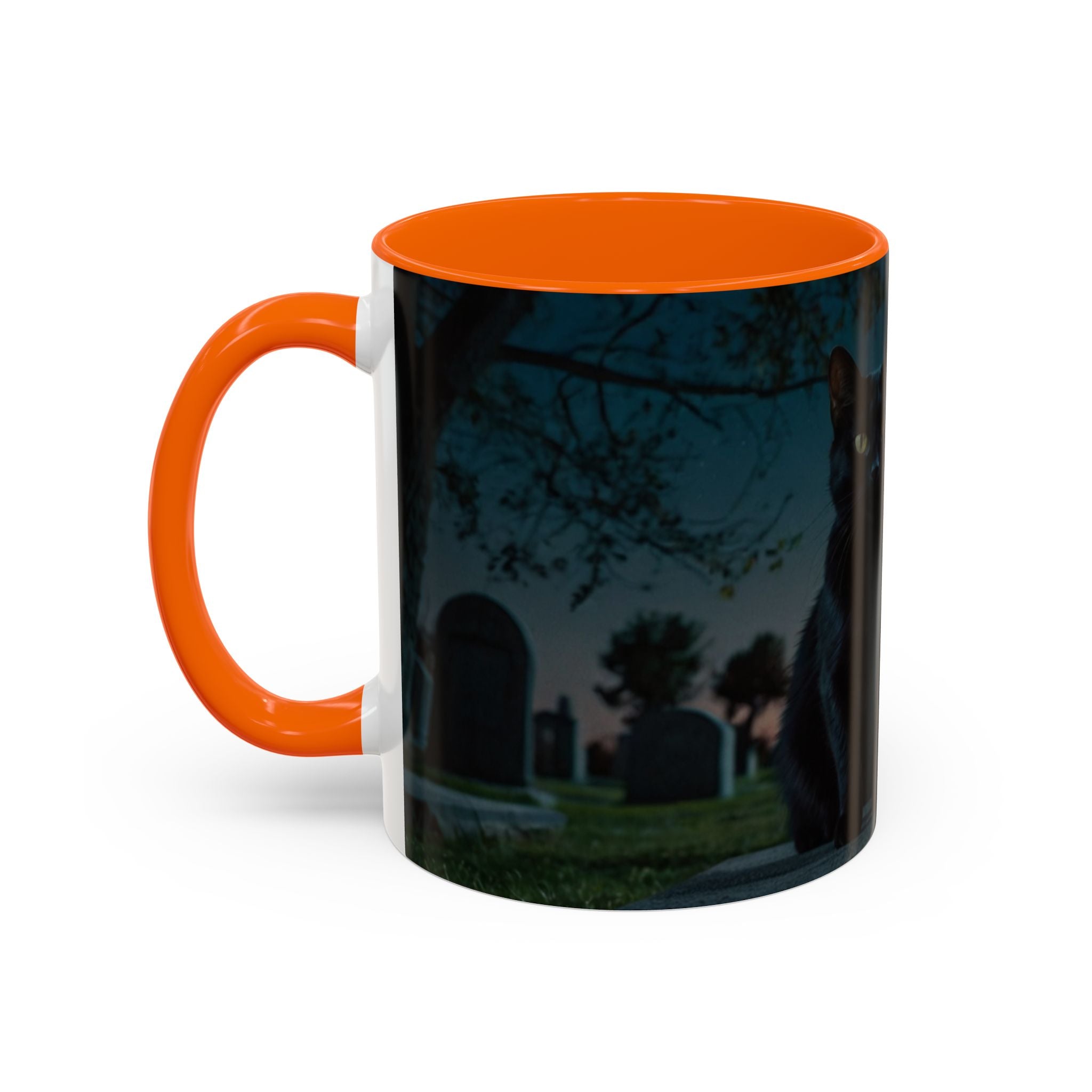 Spooky Black Cat Accent Coffee Mug in graveyard at night with full moon halloween