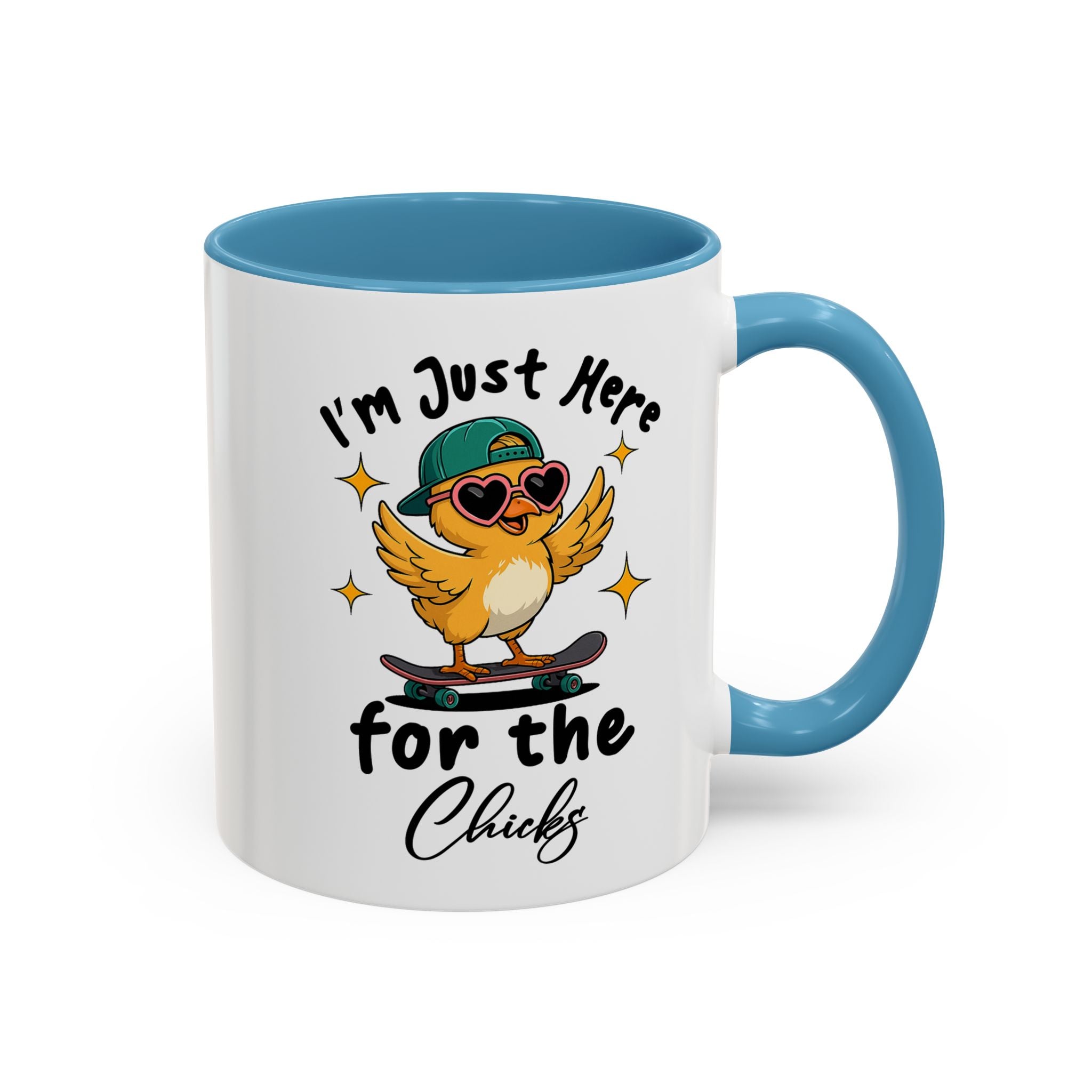I'm Just Here for the Chicks Coffee Mug — Cute Skateboarding Chick Accent Mug