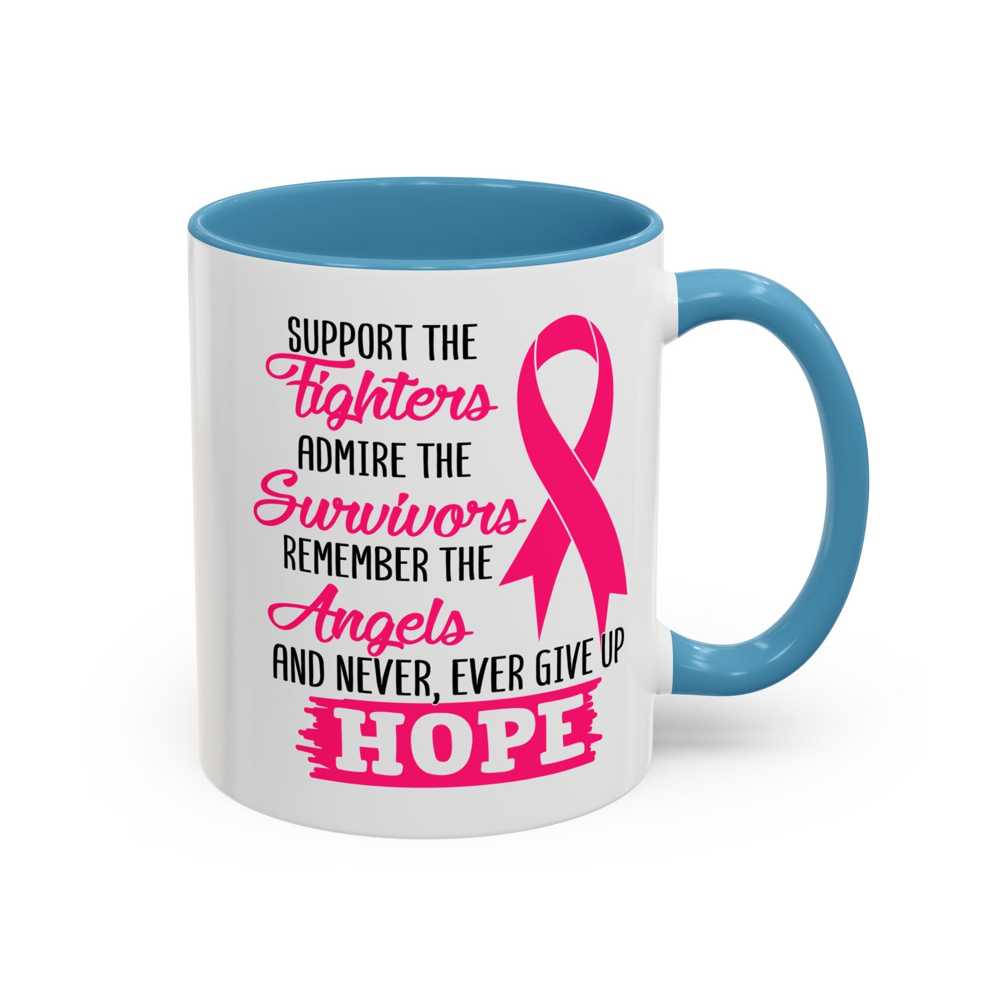 Inspirational Pink Ribbon Coffee Mug: Support Fighters, Admire Survivors, Celebrate Hope, Gift for Cancer Awareness, Motivational Mug