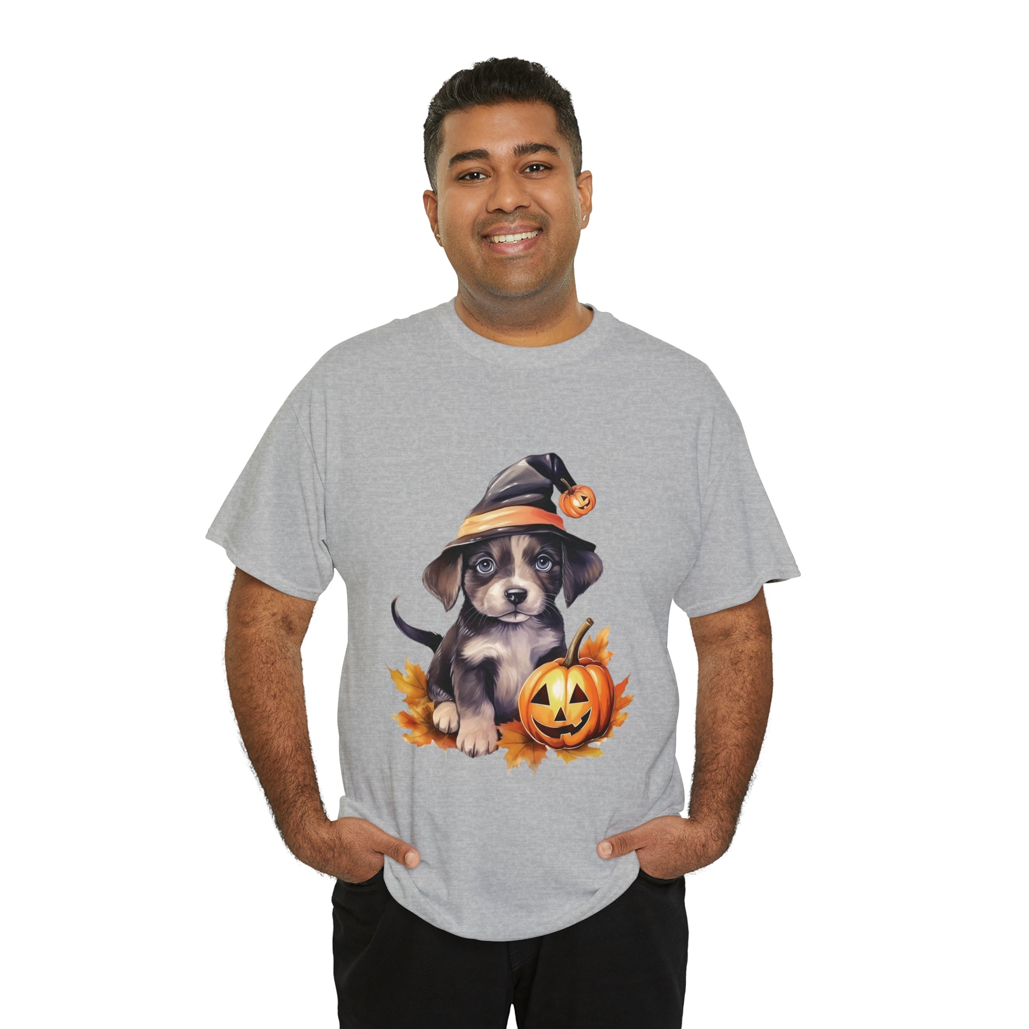 halloween t shirt puppy in witch hat cute gift for her stocking stuffer fall fun item for whole family Unisex Heavy Cotton Tee