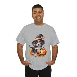 halloween t shirt puppy in witch hat cute gift for her stocking stuffer fall fun item for whole family Unisex Heavy Cotton Tee