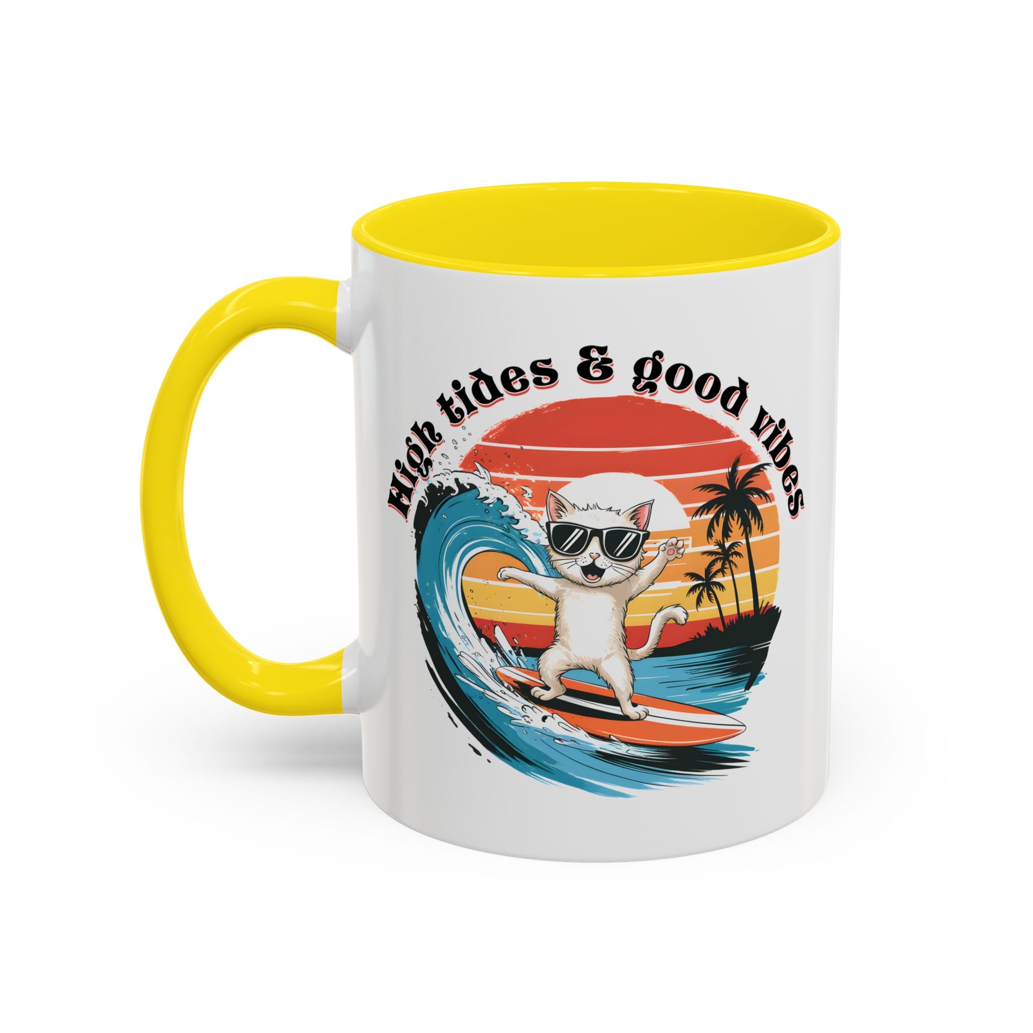 Surfing Cat Coffee Mug - High Tides & Good Vibes - Beach Lover Gift animal lover funny