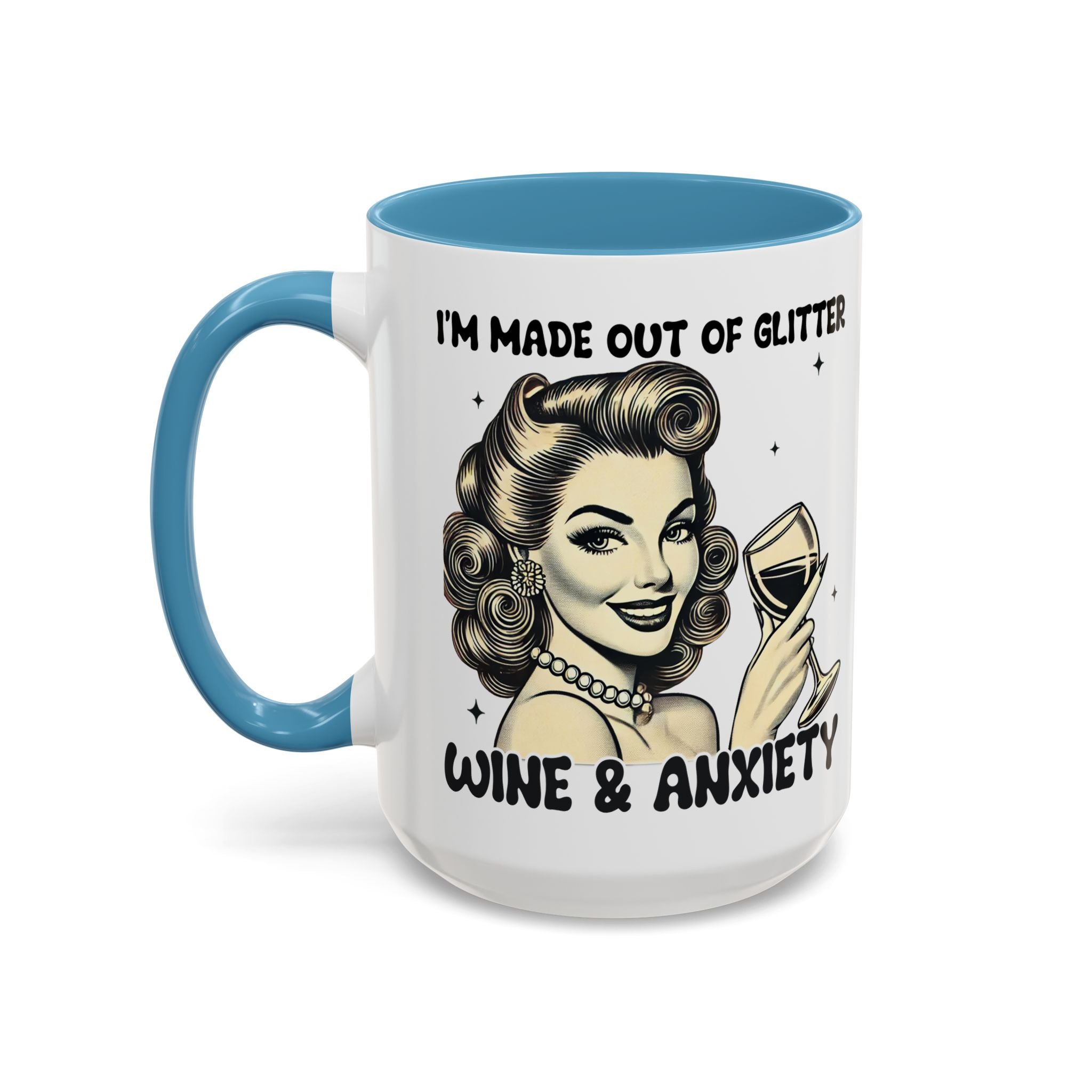 Wine & Anxiety Coffee Mug — "I'm Made Out of Glitter, Wine & Anxiety" Retro Accent Mug