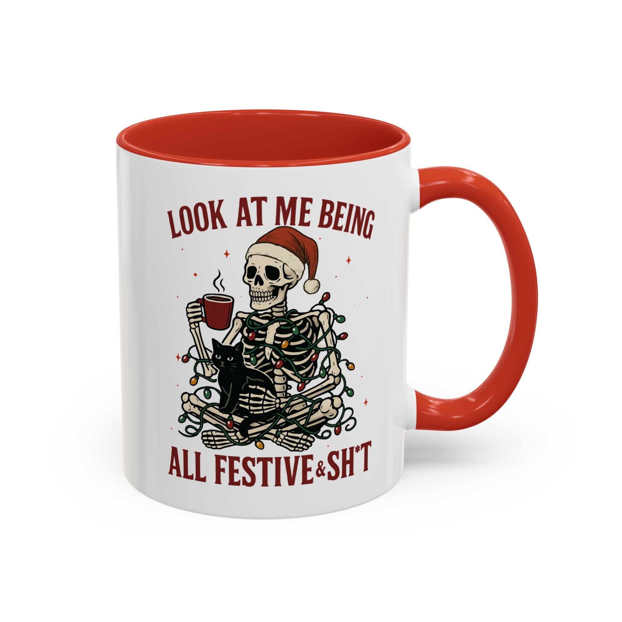 Festive Skeleton Coffee Mug, Unique Holiday Gift, Halloween Decor, Cat Lover's Mug, Funny Gift for Friends