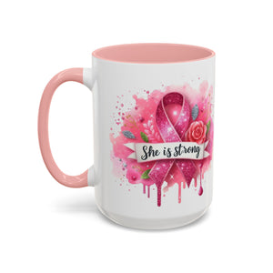 Empowering Pink Ribbon Coffee Mug - She Is Strong, Inspirational Gift for Breast Cancer Awareness, Motivational Drinkware, Supportive [...]