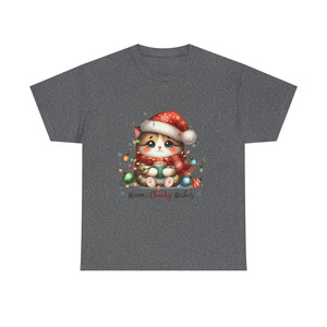 Cute Christmas Cat Tee - Unisex Heavy Cotton Tee, Holiday Gift, Cozy Wear, Festive Apparel, Gift for Cat Lovers