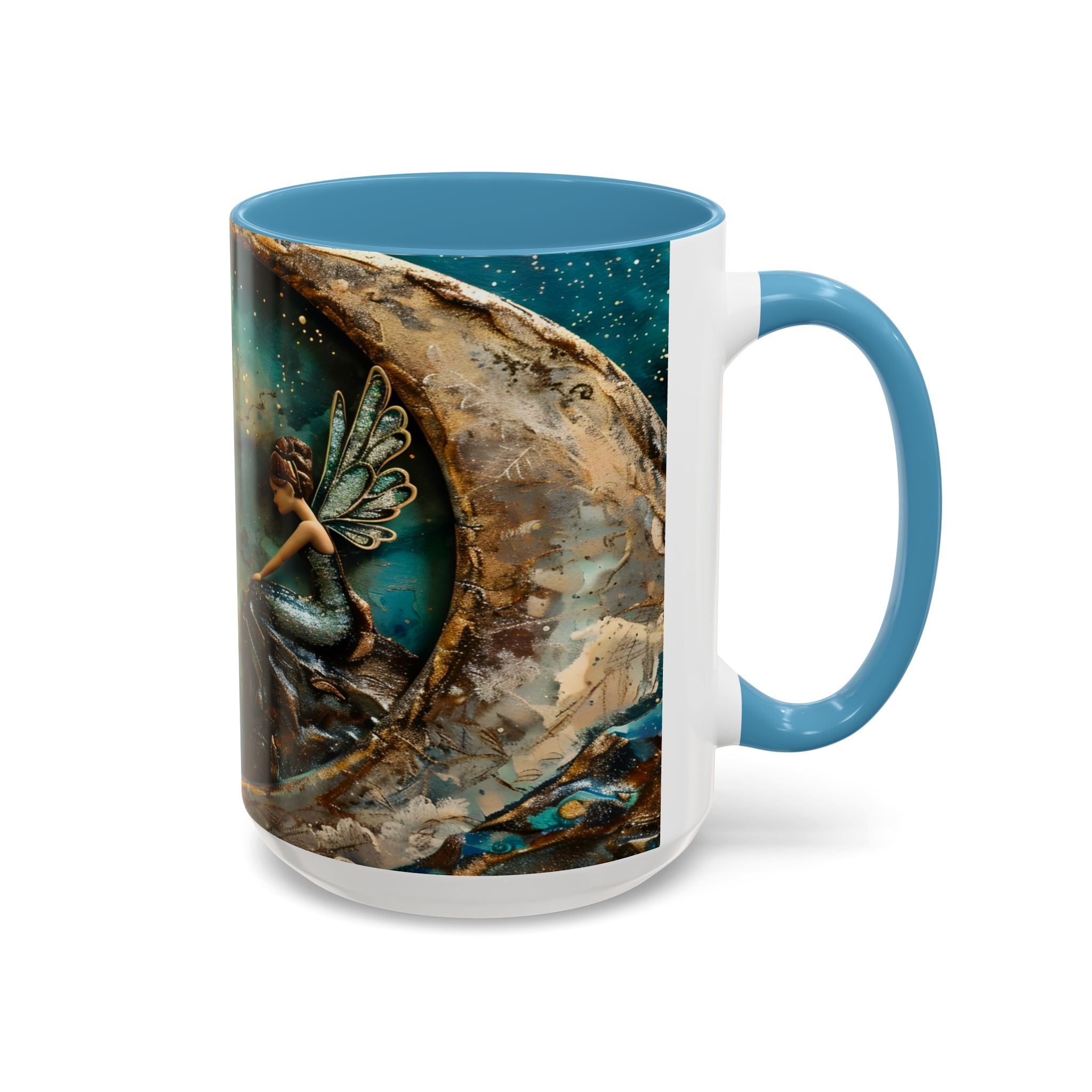 Fairy on the Moon Accent Coffee Mug – Mystical Teal Celestial Ceramic Mug (11/15oz) fantasy