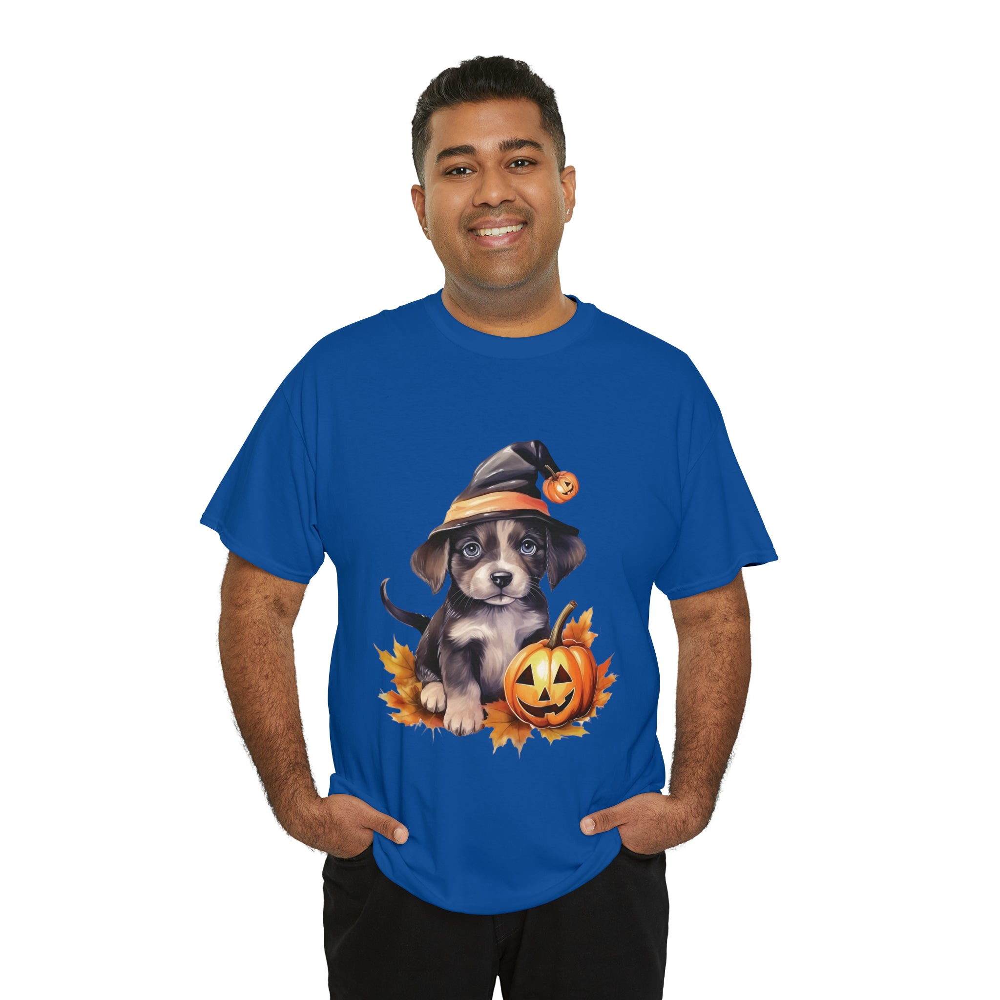 halloween t shirt puppy in witch hat cute gift for her stocking stuffer fall fun item for whole family Unisex Heavy Cotton Tee