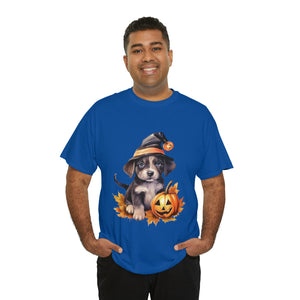 halloween t shirt puppy in witch hat cute gift for her stocking stuffer fall fun item for whole family Unisex Heavy Cotton Tee