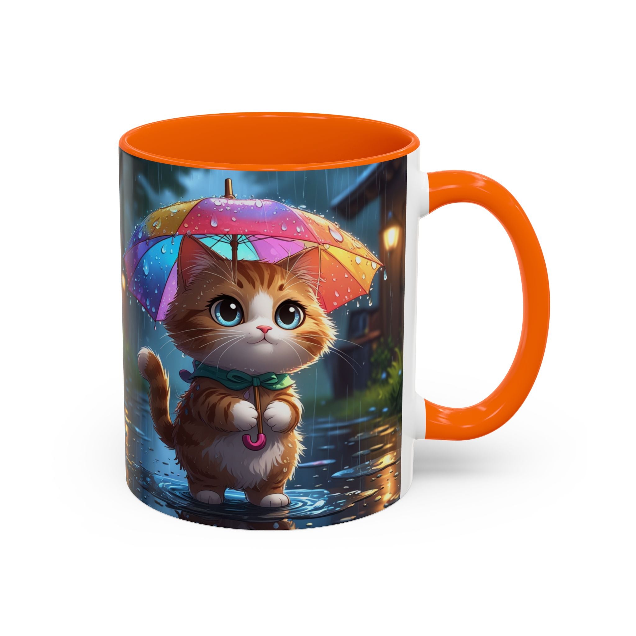 Cute Rainy Day Cat Mug — Kawaii Kitten with Rainbow Umbrella Coffee Cup (11/15oz)