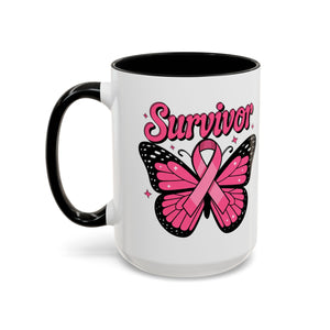 Survivor Butterfly Coffee Mug, Inspirational Gift, Pink Ribbon Mug, Breast Cancer Awareness, Empowerment Cup, Motivational Drinkware