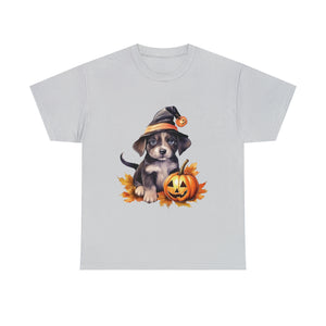 halloween t shirt puppy in witch hat cute gift for her stocking stuffer fall fun item for whole family Unisex Heavy Cotton Tee