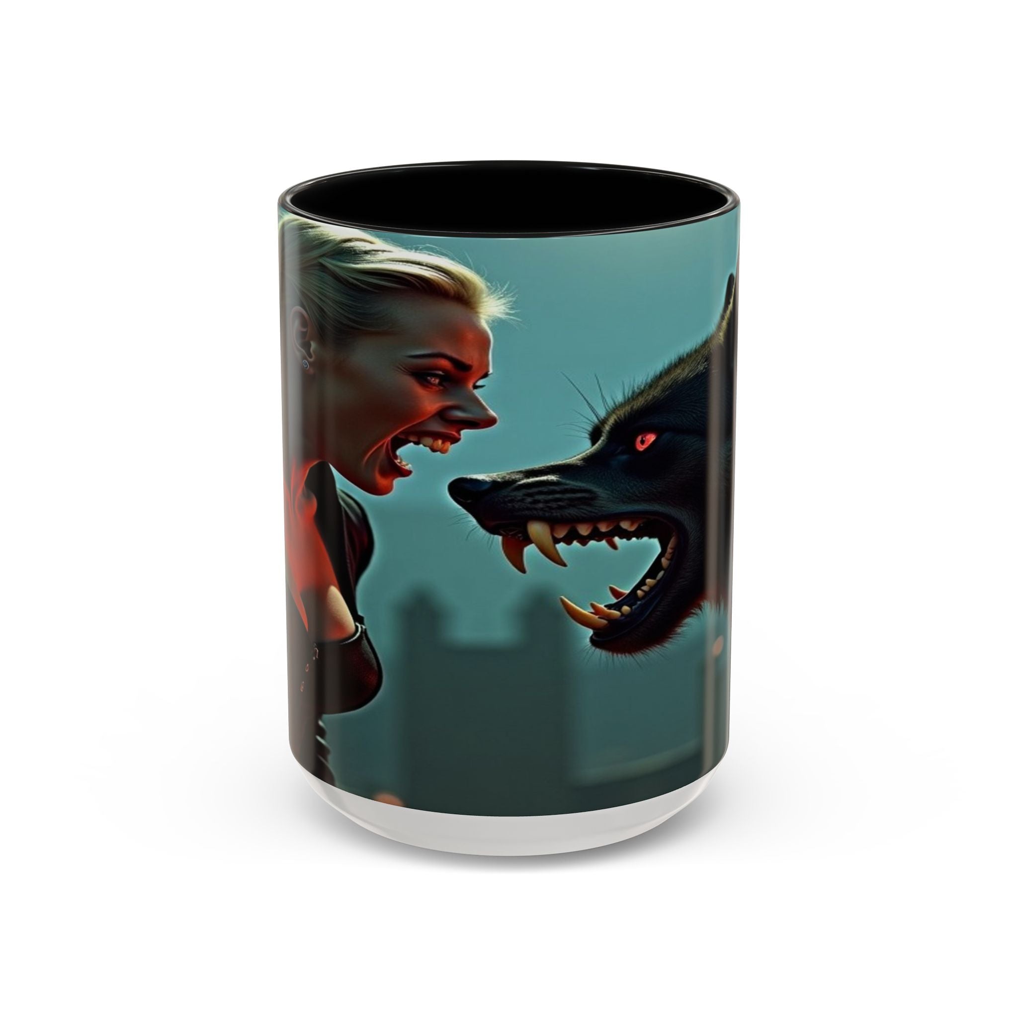 woman vampire and Fierce Werewolf Coffee Mug - 11 & 15oz Accent Mug for horror art lovers