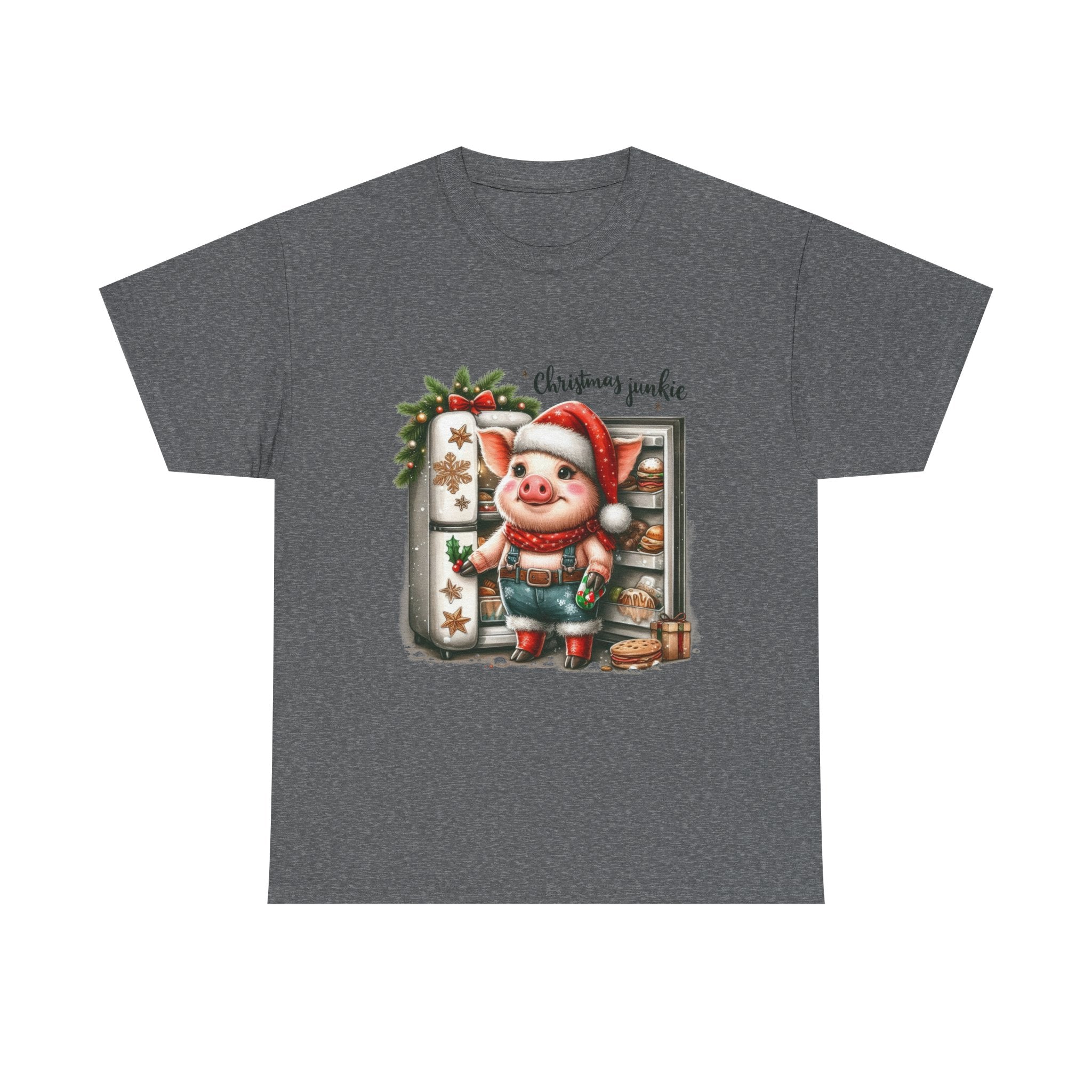 Christmas Junkie Unisex Cotton Tee, Fun Holiday Shirt, Christmas Gift, Pig T-Shirt, Festive Apparel, Cute Christmas Outfit