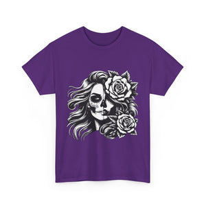 Skull & Rose Unisex Heavy Cotton Tee - Edgy Floral Graphic T-Shirt