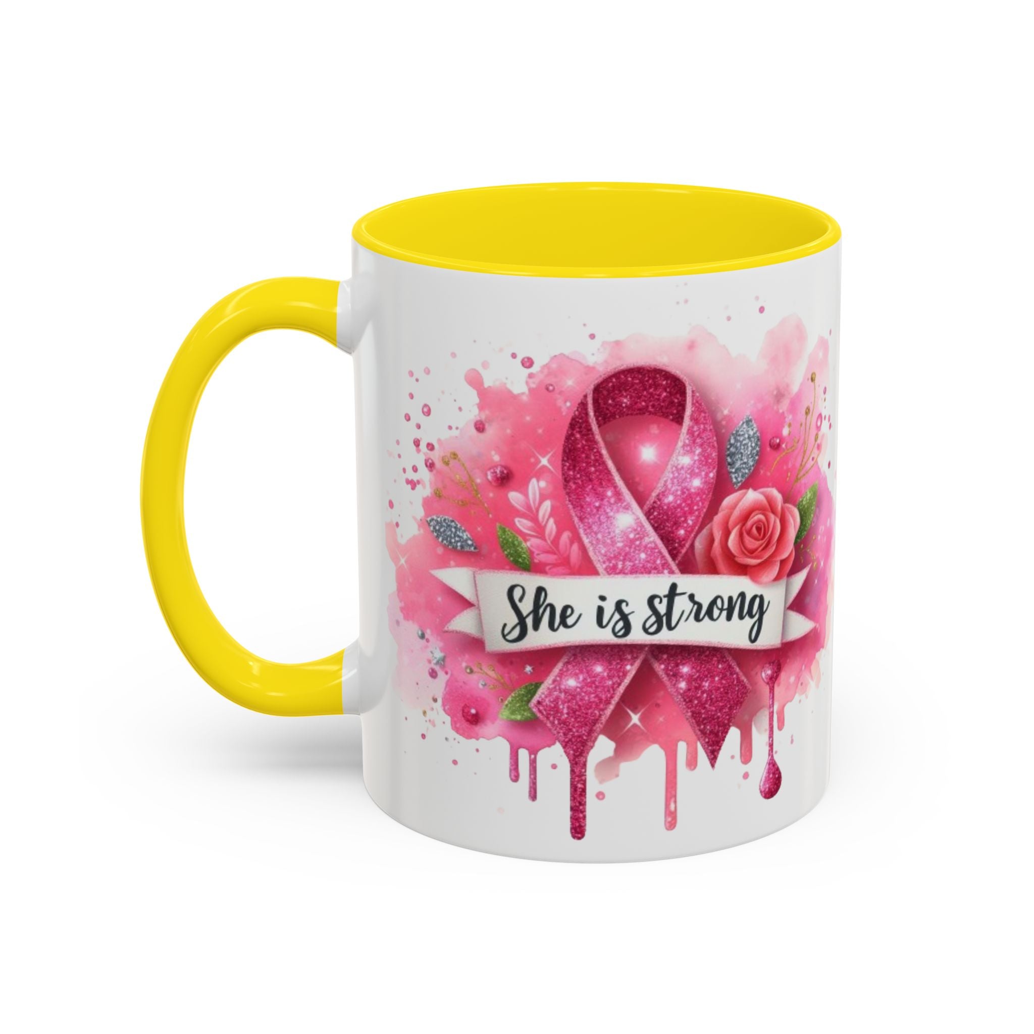 Empowering Pink Ribbon Coffee Mug - She Is Strong, Inspirational Gift for Breast Cancer Awareness, Motivational Drinkware, Supportive [...]