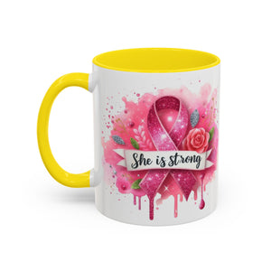 Empowering Pink Ribbon Coffee Mug - She Is Strong, Inspirational Gift for Breast Cancer Awareness, Motivational Drinkware, Supportive [...]