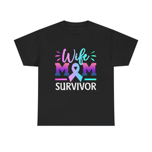 Wife Mom Survivor Tee, Unisex Heavy Cotton Tee, Cancer Awareness Shirt, Gift for Survivors, Inspirational Mom Shirt