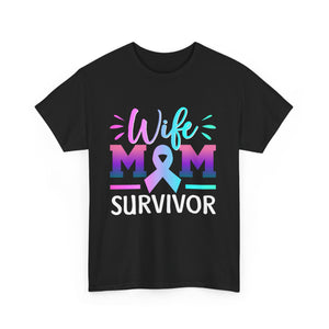 Wife Mom Survivor Tee, Unisex Heavy Cotton Tee, Cancer Awareness Shirt, Gift for Survivors, Inspirational Mom Shirt