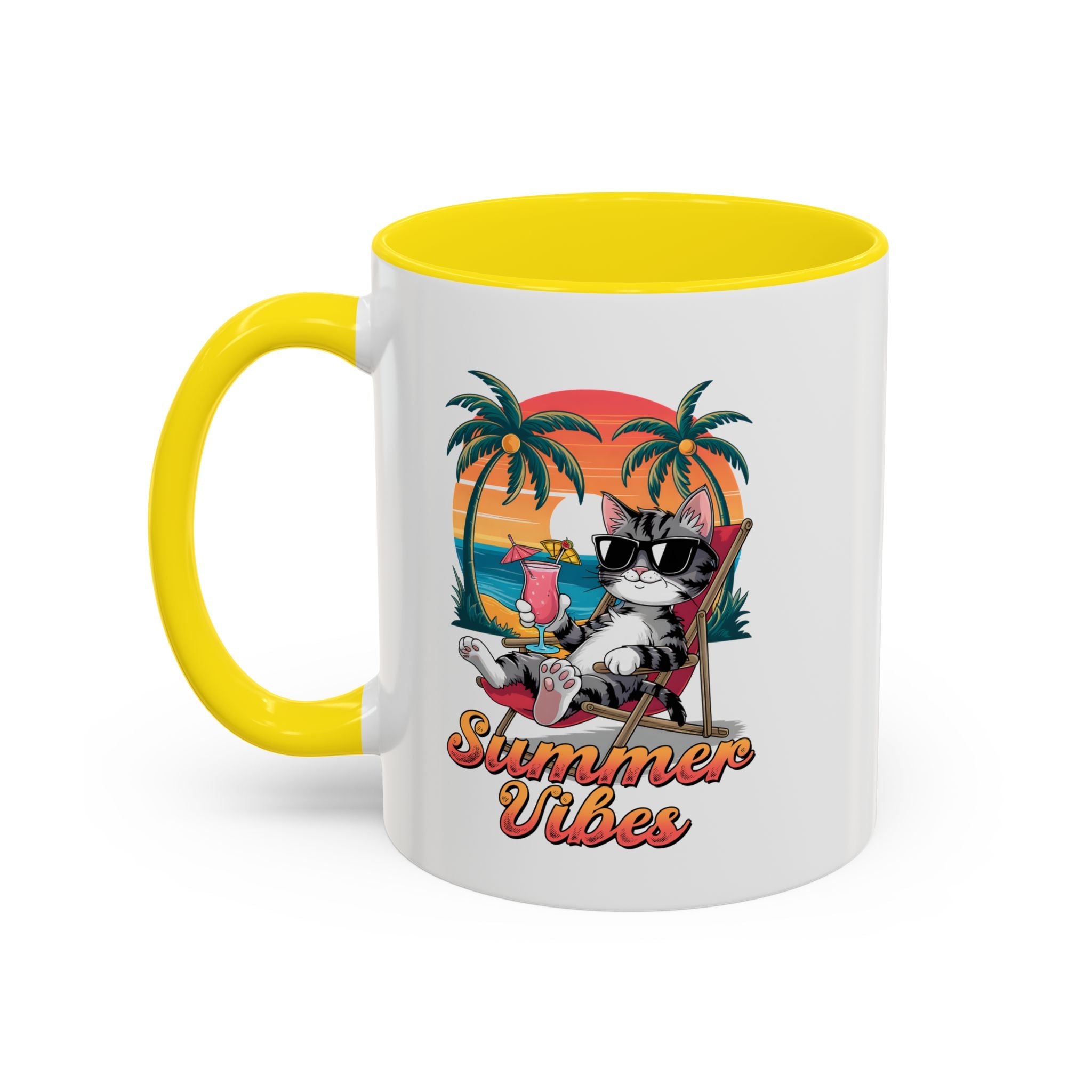 Summer Vibes Coffee Mug, Tropical Cat Mug, Beach Lover Gift, Fun Animal Sipware, Vacation-themed Drinkware, Pet Lover Cup