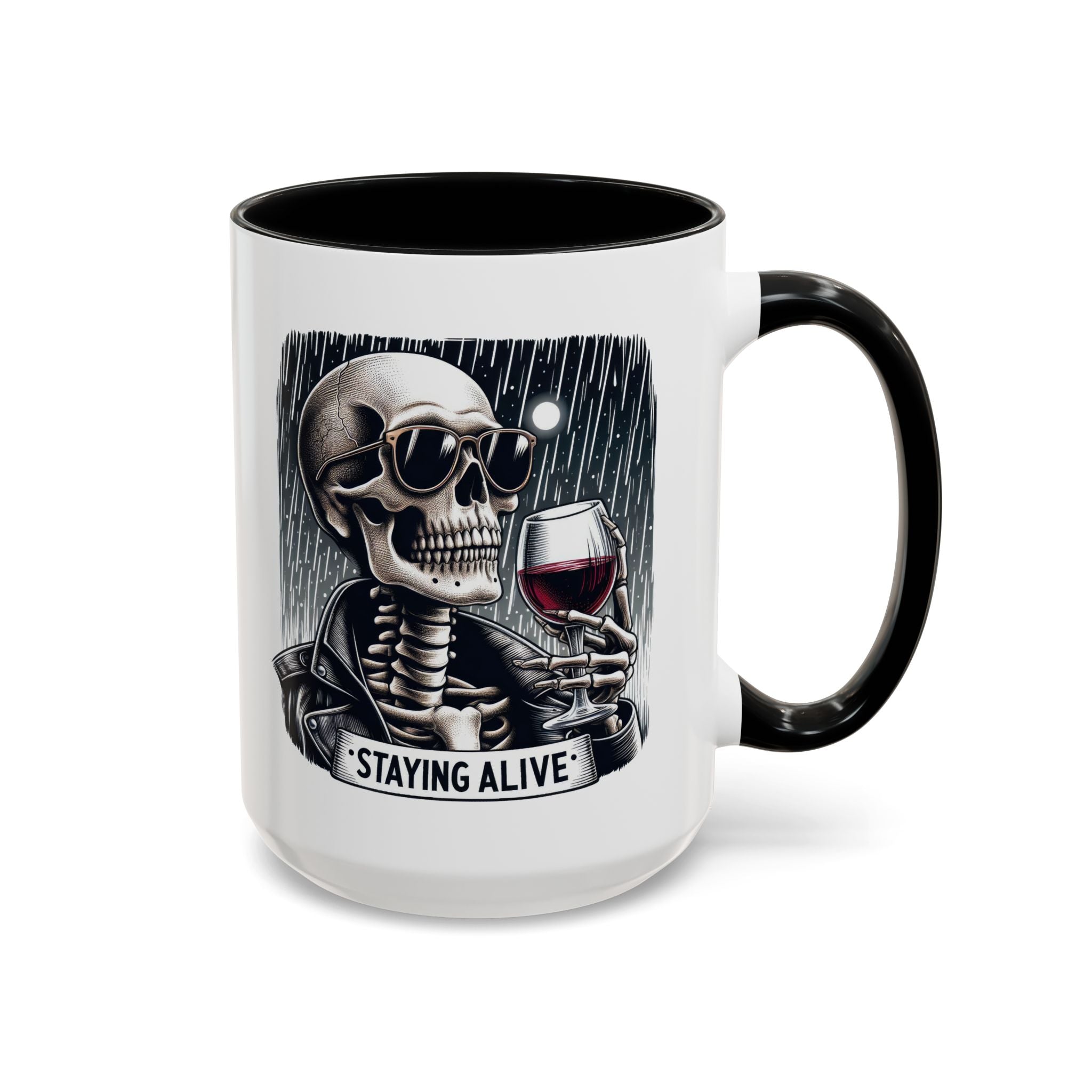 Stylish Skull Coffee Mug, Gothic Drinkware, Staying Alive Gift for Halloween, Funny Office Mug, Alternative Drinkware