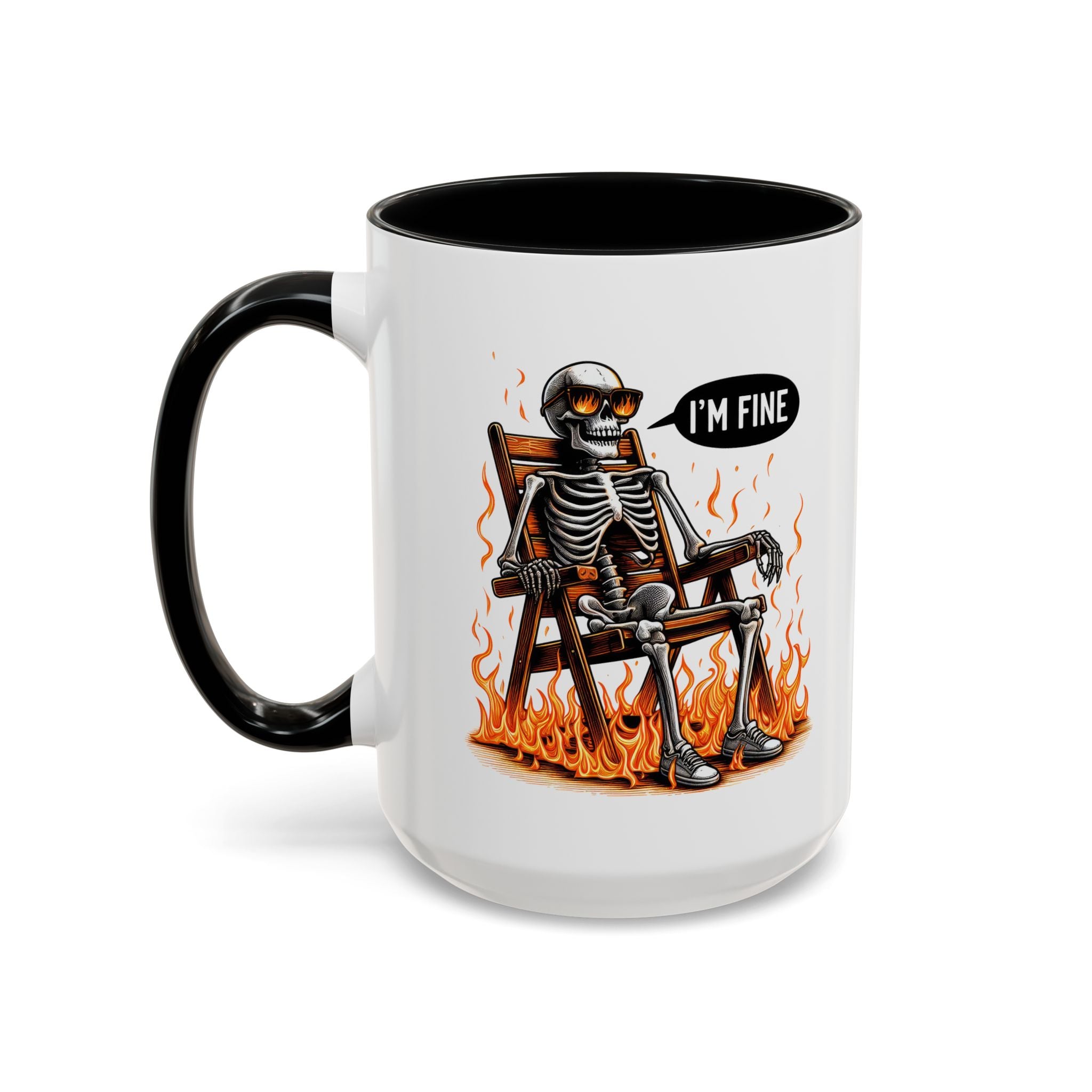 Funny I'M fine  Skeleton on fire Coffee Mug - Humor Gift for Halloween, Coffee Lovers,  Decor, Gag Gift, 11-15oz Accent Mug
