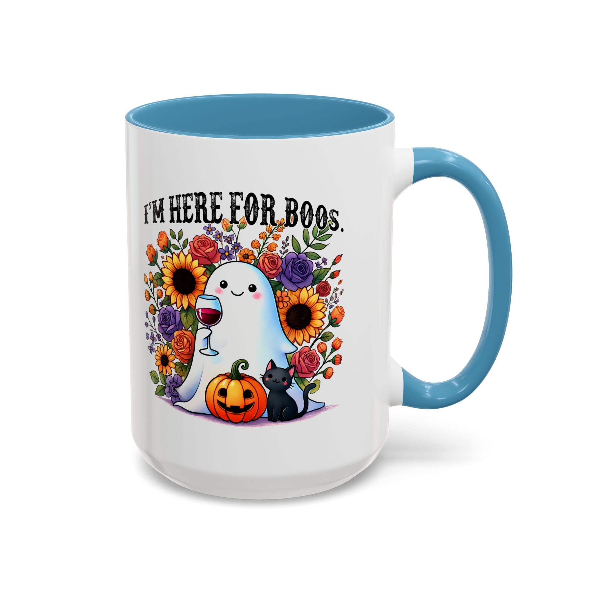 Spooky Floral Coffee Mug - I'm Here for Boos, Halloween Gift, Autumn Decor, Cute Ghost Mug, Cat Lover Drinkware