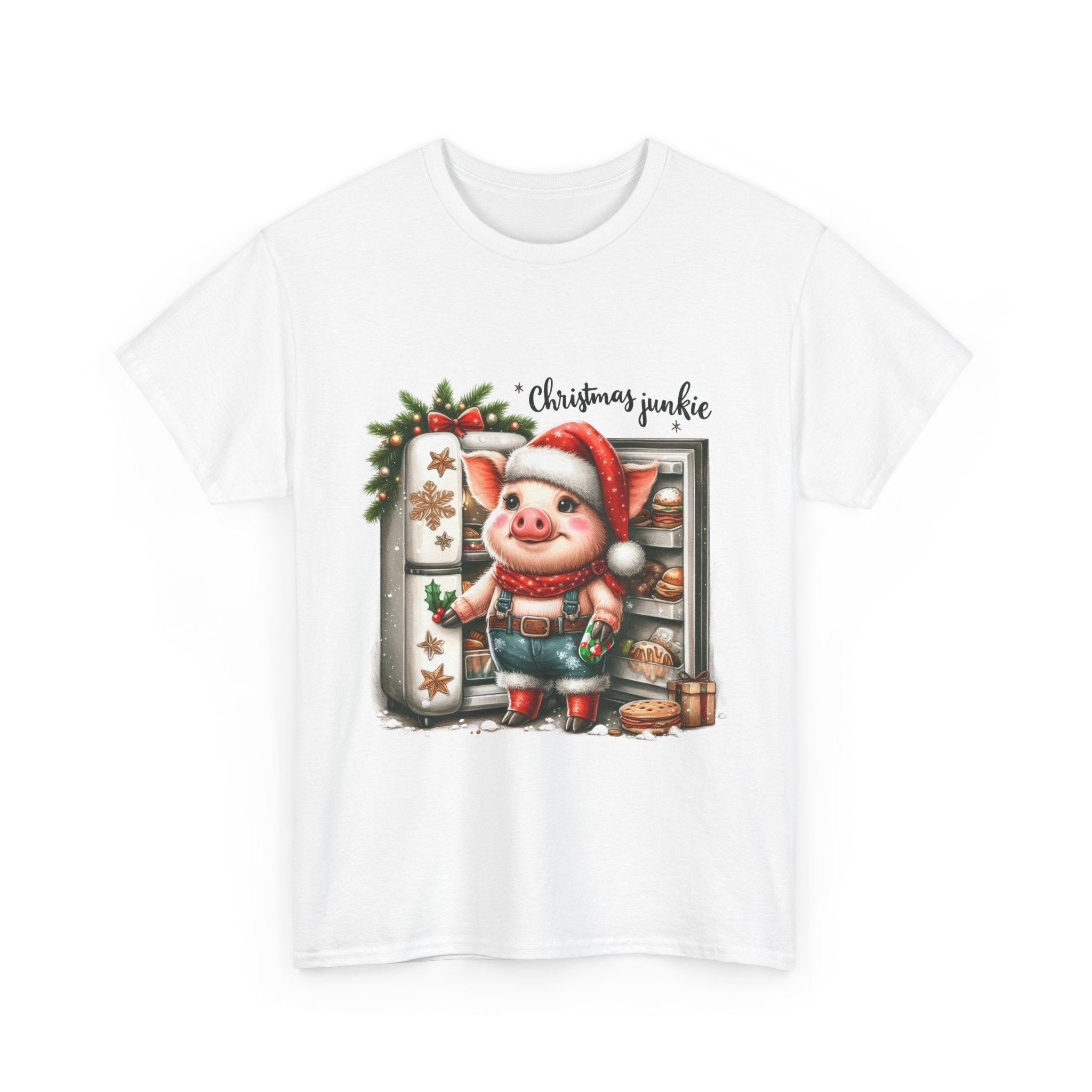 Christmas Junkie Unisex Cotton Tee, Fun Holiday Shirt, Christmas Gift, Pig T-Shirt, Festive Apparel, Cute Christmas Outfit