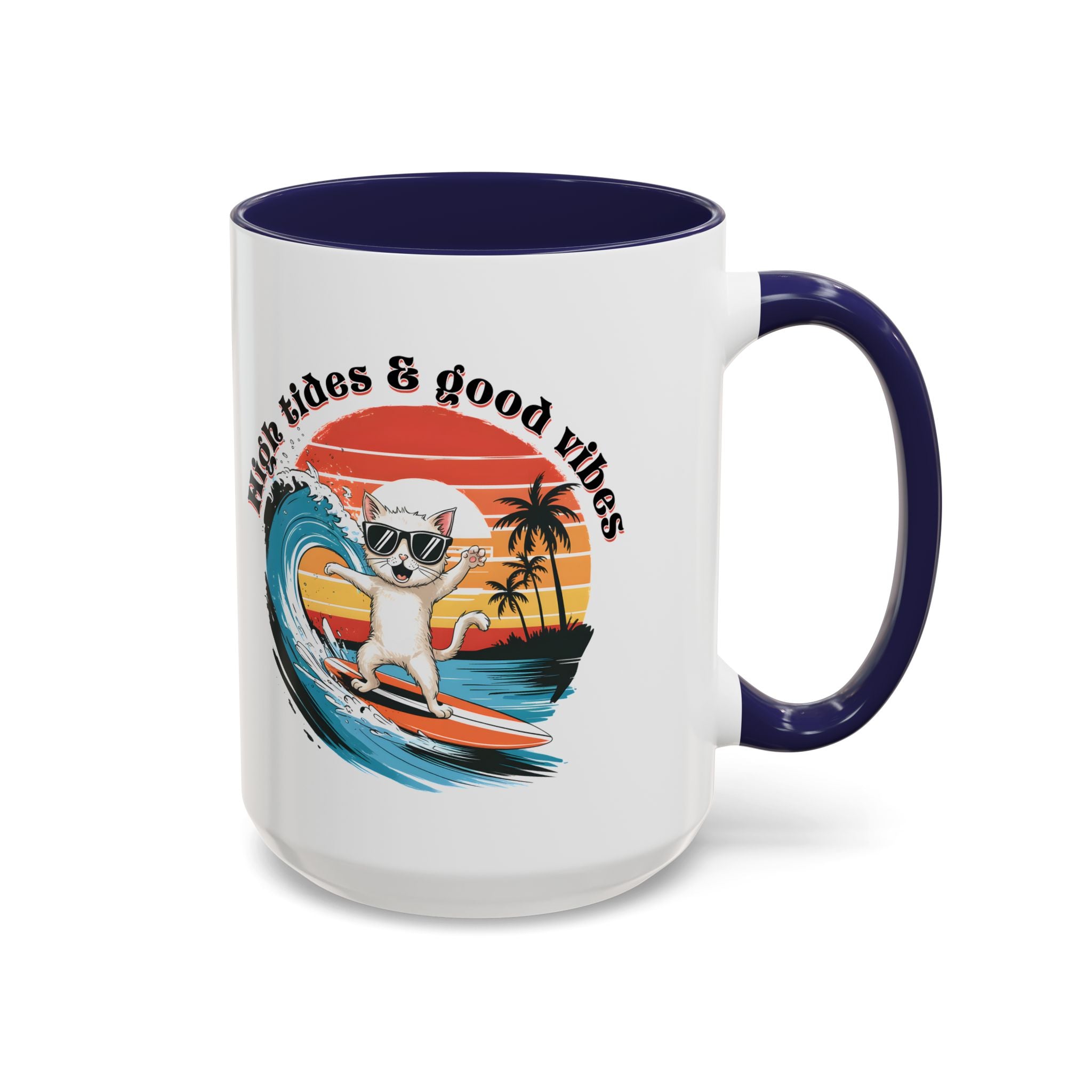 Surfing Cat Coffee Mug - High Tides & Good Vibes - Beach Lover Gift animal lover funny