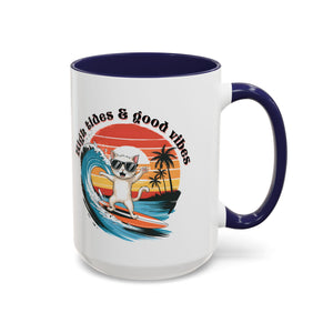 Surfing Cat Coffee Mug - High Tides & Good Vibes - Beach Lover Gift animal lover funny