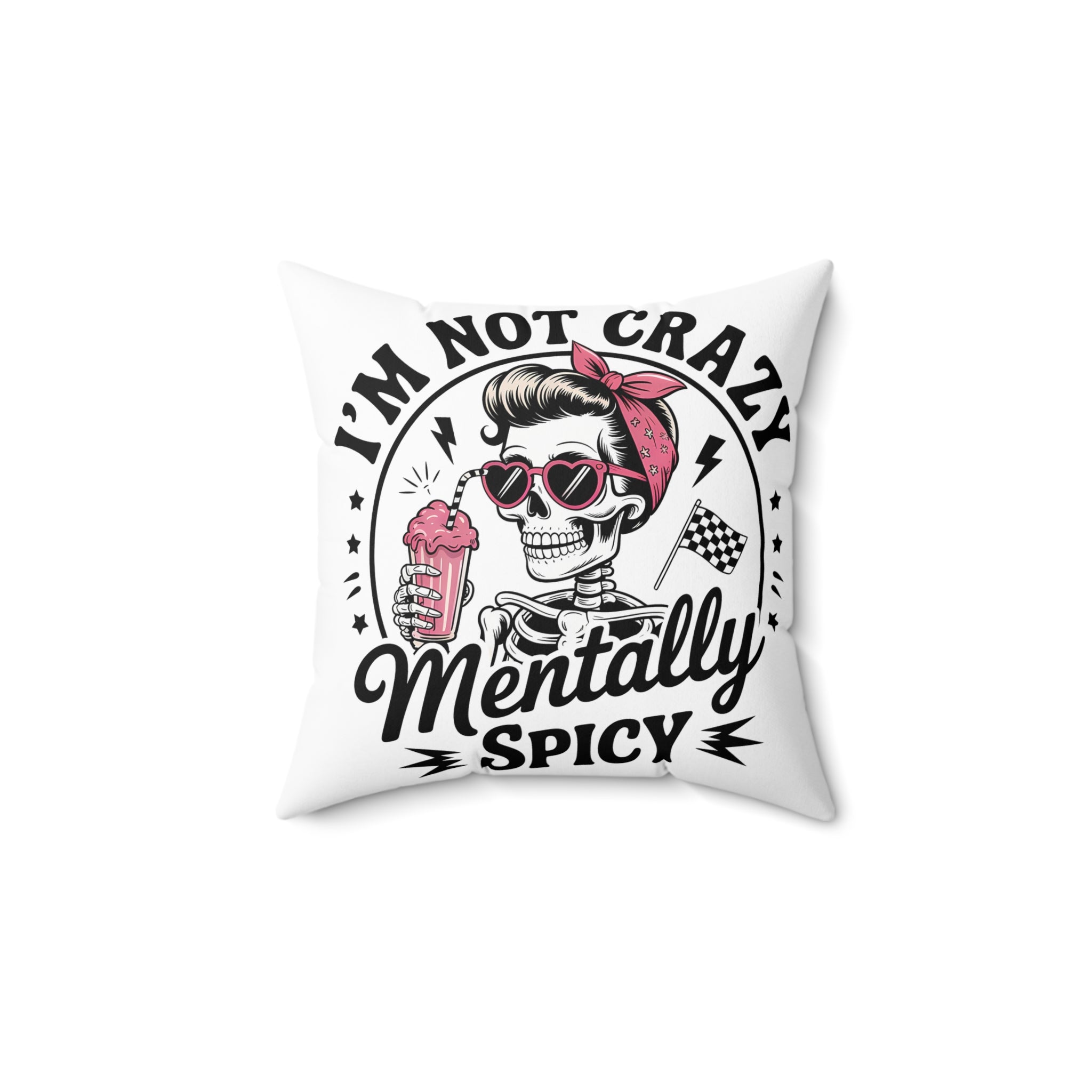 Mentally Spicy Skull Pillow – Retro Rockabilly Throw Pillow with 'I'm Not Crazy' Design