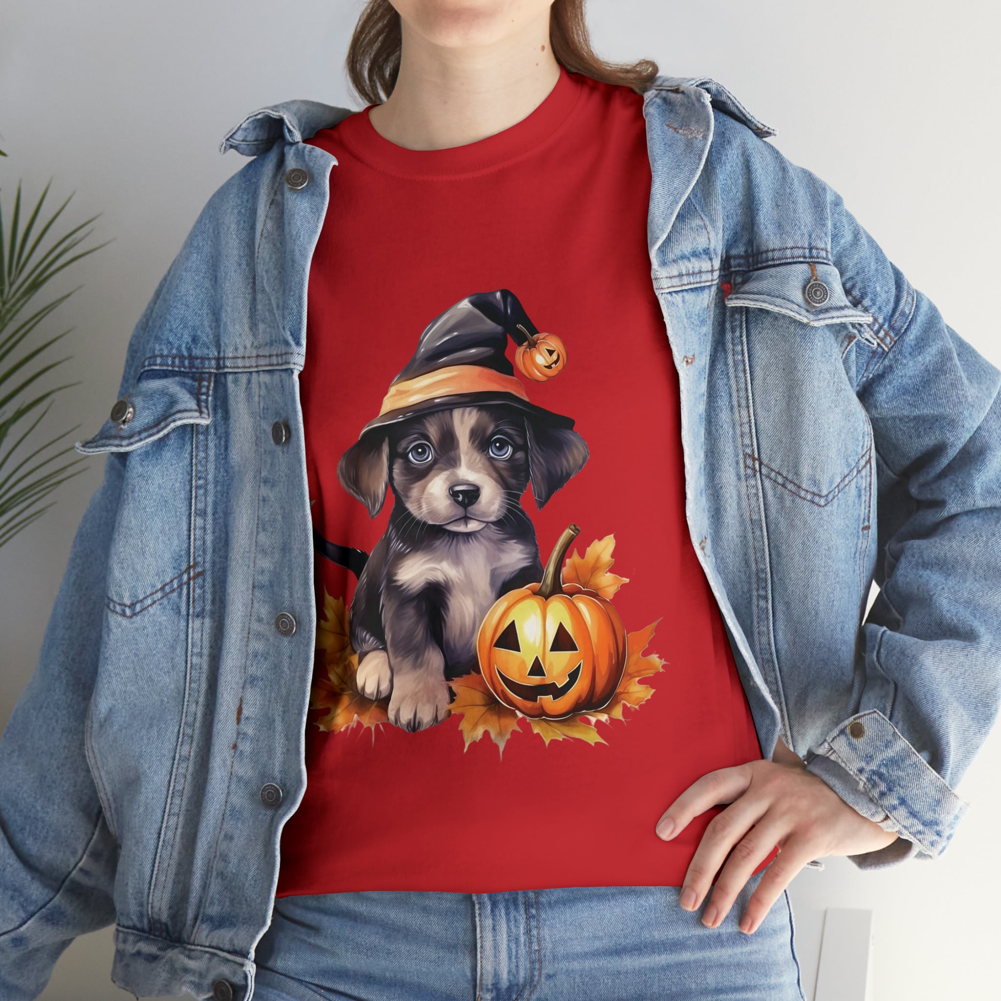 halloween t shirt puppy in witch hat cute gift for her stocking stuffer fall fun item for whole family Unisex Heavy Cotton Tee