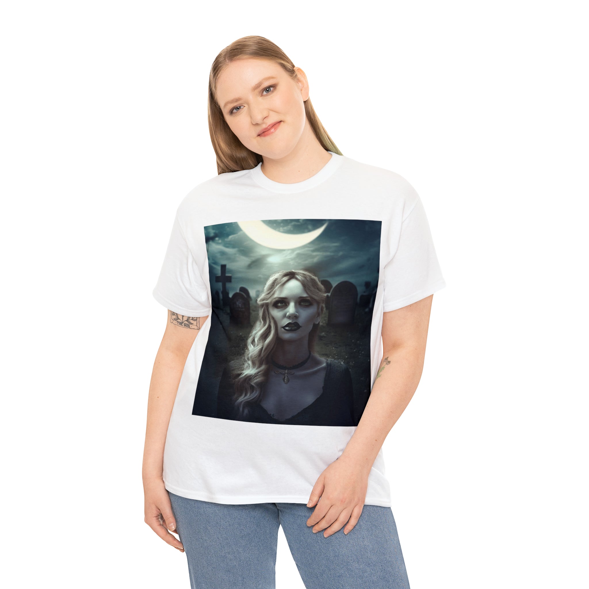 Gothic dark fantasy woman t shirt in graveyard for men and woman