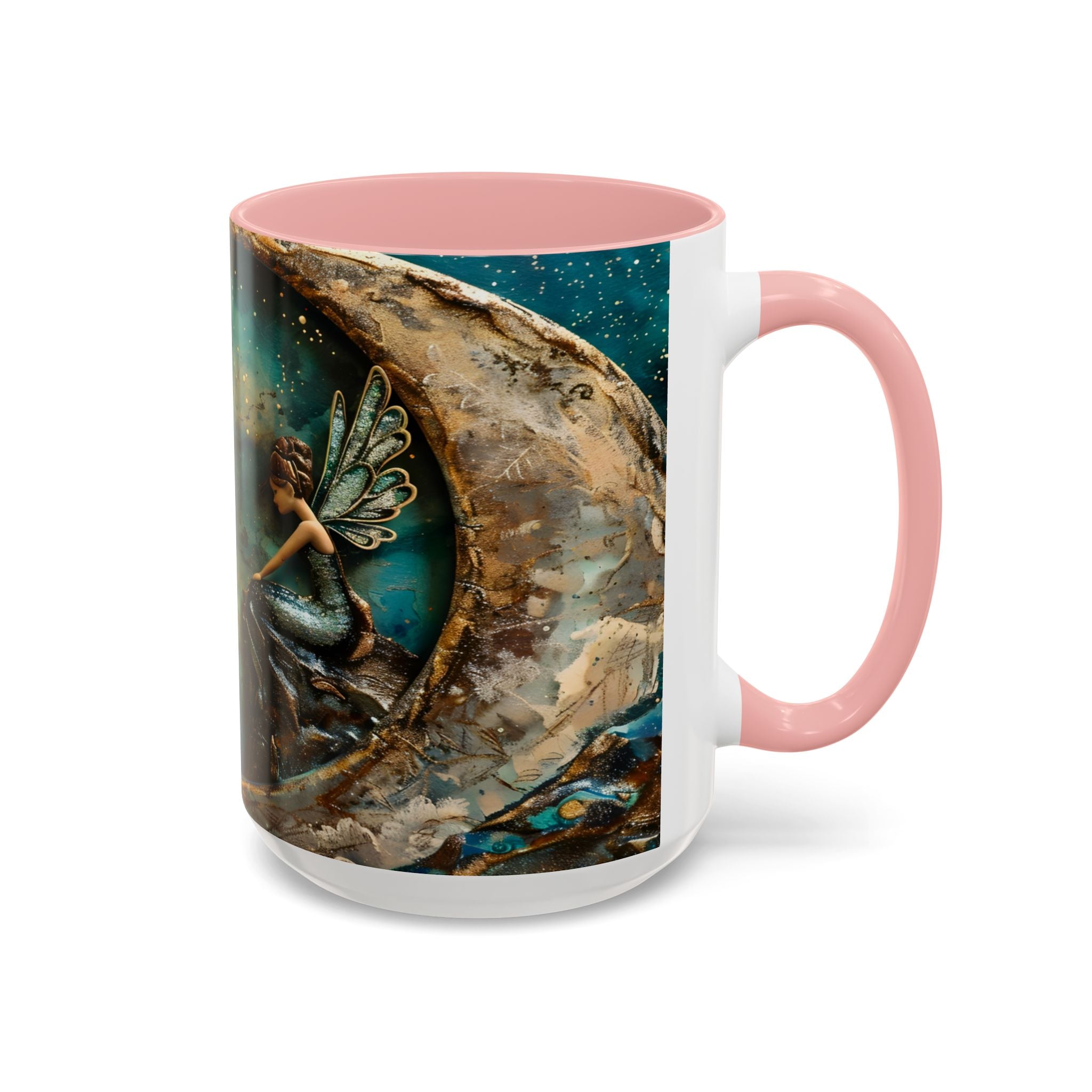 Fairy on the Moon Accent Coffee Mug – Mystical Teal Celestial Ceramic Mug (11/15oz) fantasy