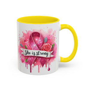 Empowering Pink Ribbon Coffee Mug - She Is Strong, Inspirational Gift for Breast Cancer Awareness, Motivational Drinkware, Supportive [...]